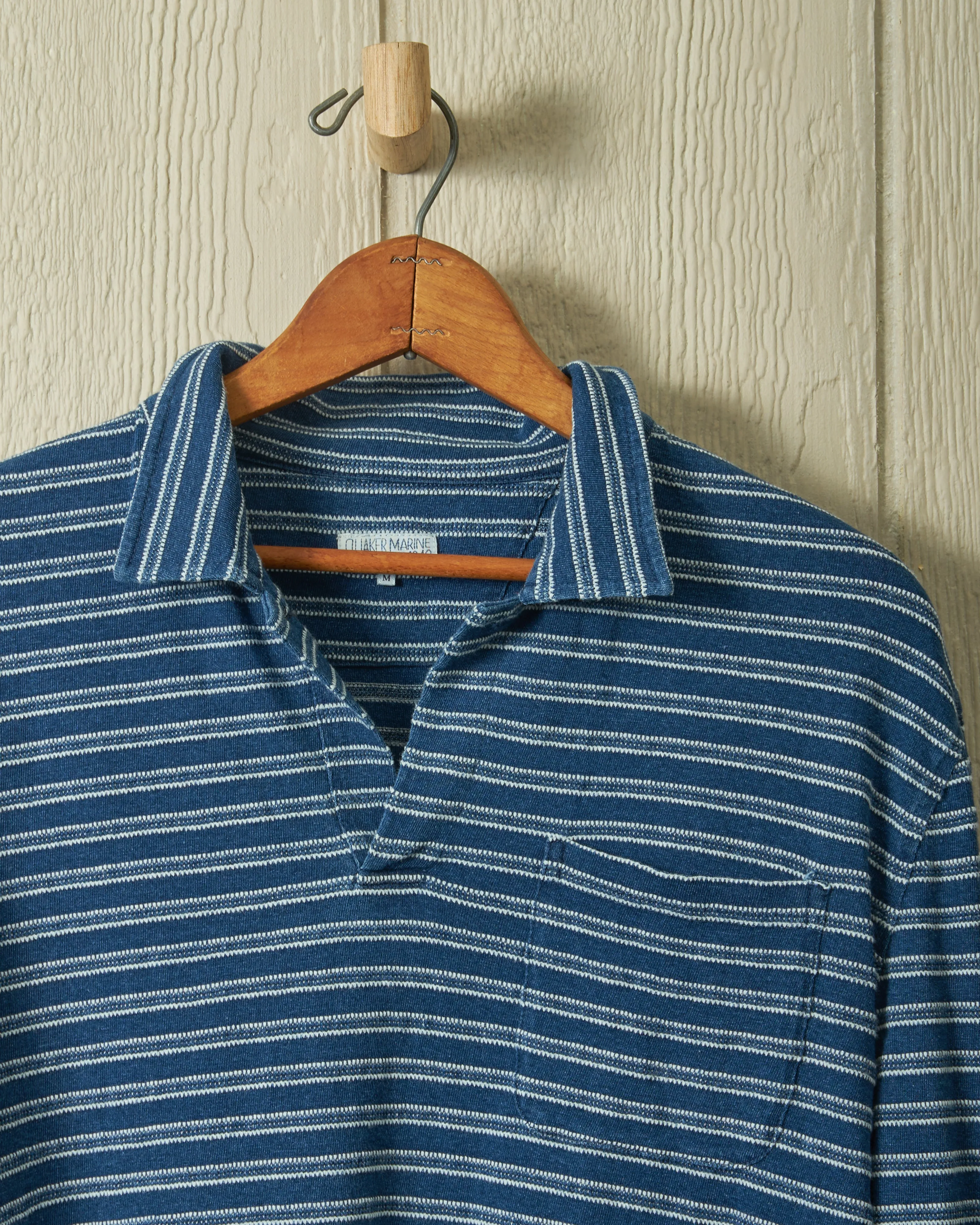 Long Sleeve Indigo Polo in Mid Wash Jacquard Stripe dress smart