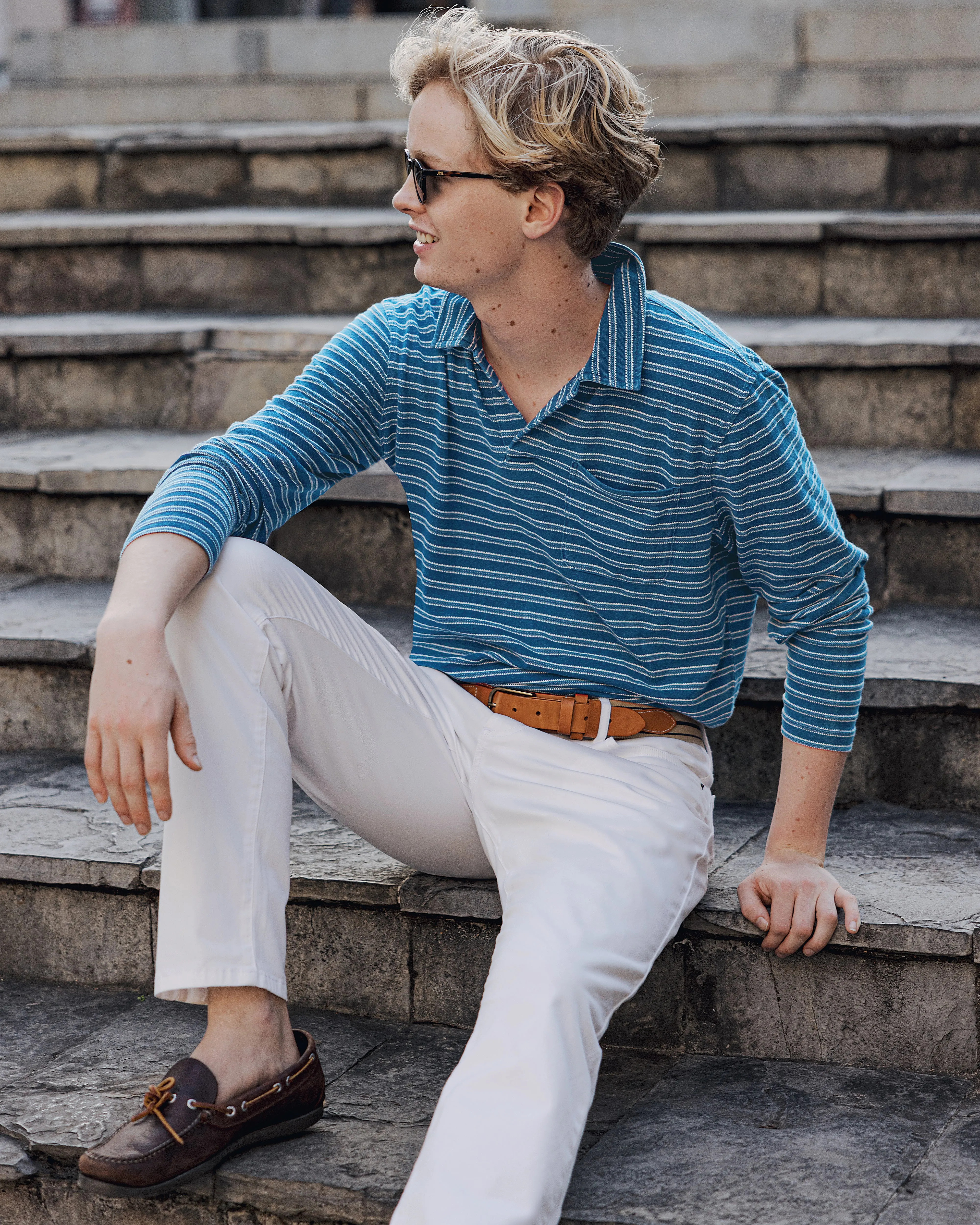Long Sleeve Indigo Polo in Mid Wash Jacquard Stripe travel ease