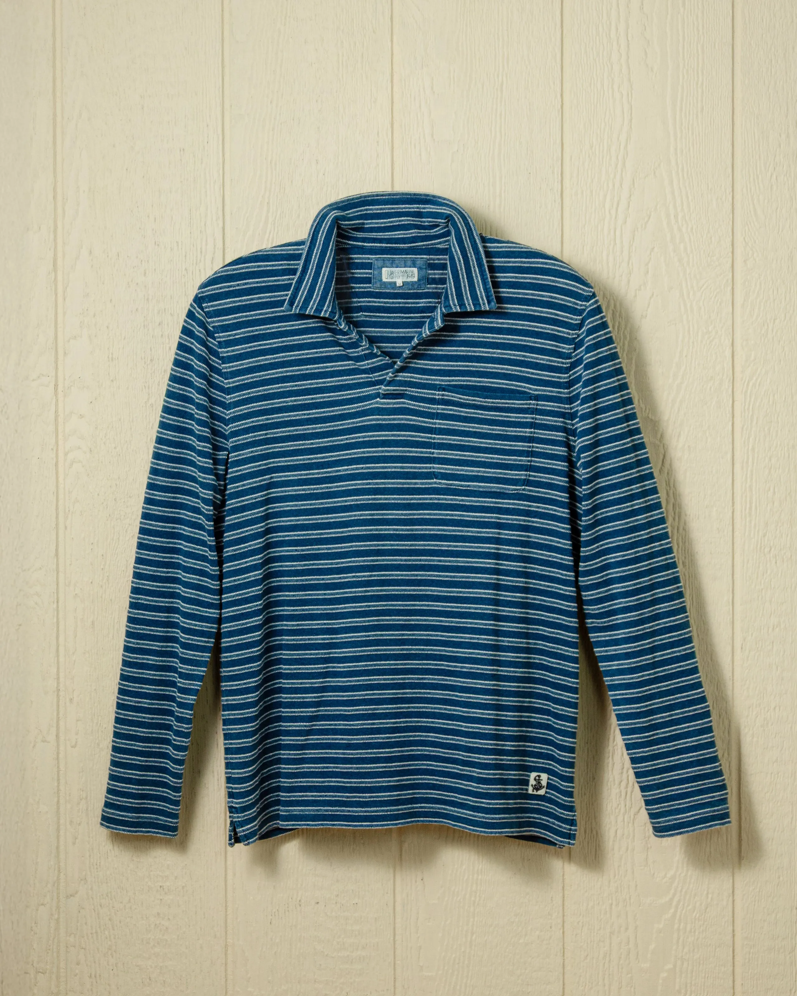 Long Sleeve Indigo Polo in Mid Wash Jacquard Stripe calm tone