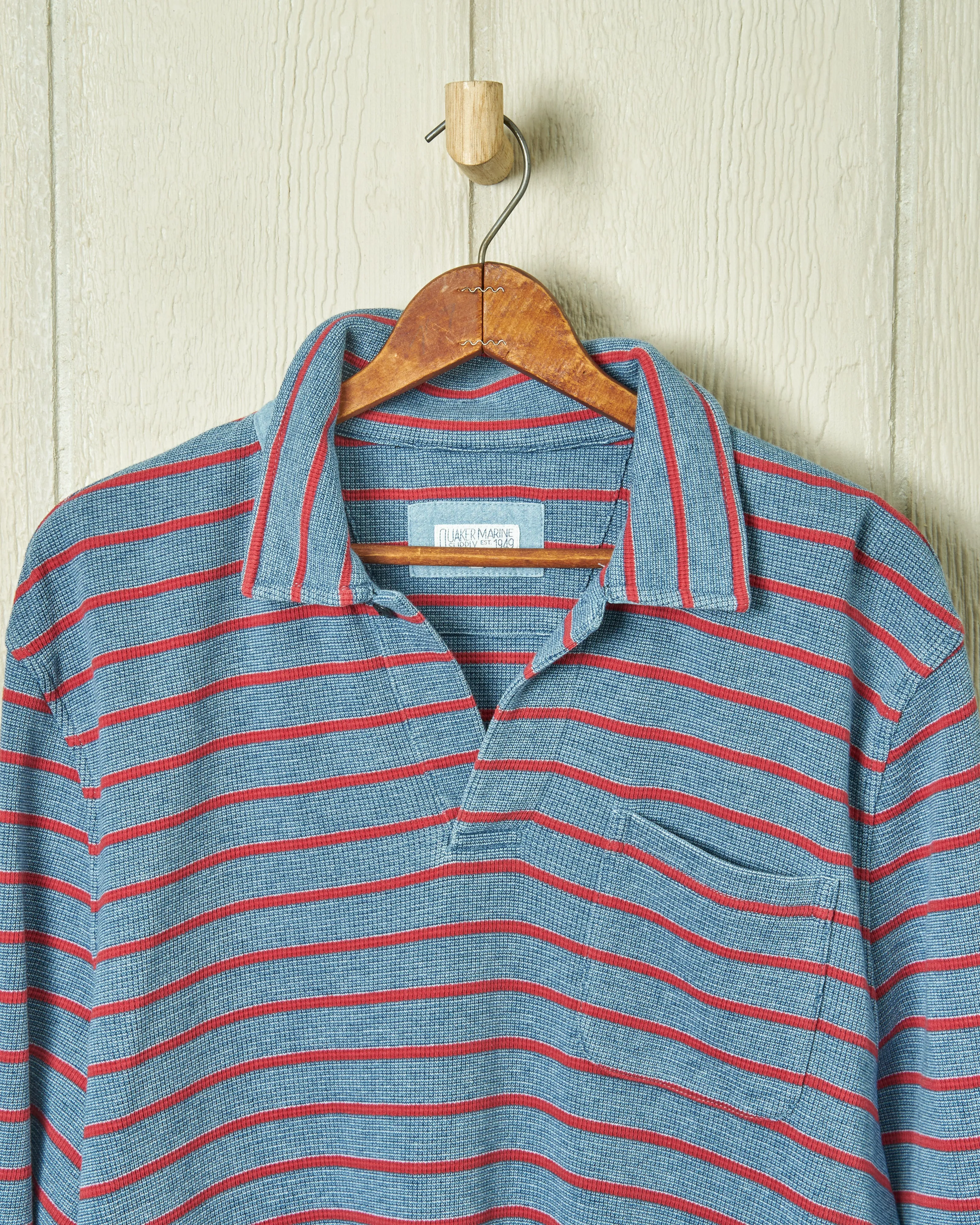 Long Sleeve Indigo Polo in Red/Navy Ribbed Knit social mood
