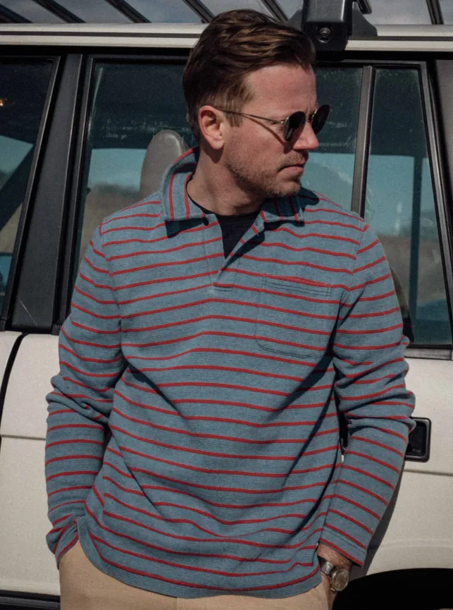 Long Sleeve Indigo Polo in Red/Navy Ribbed Knit sunday brunch