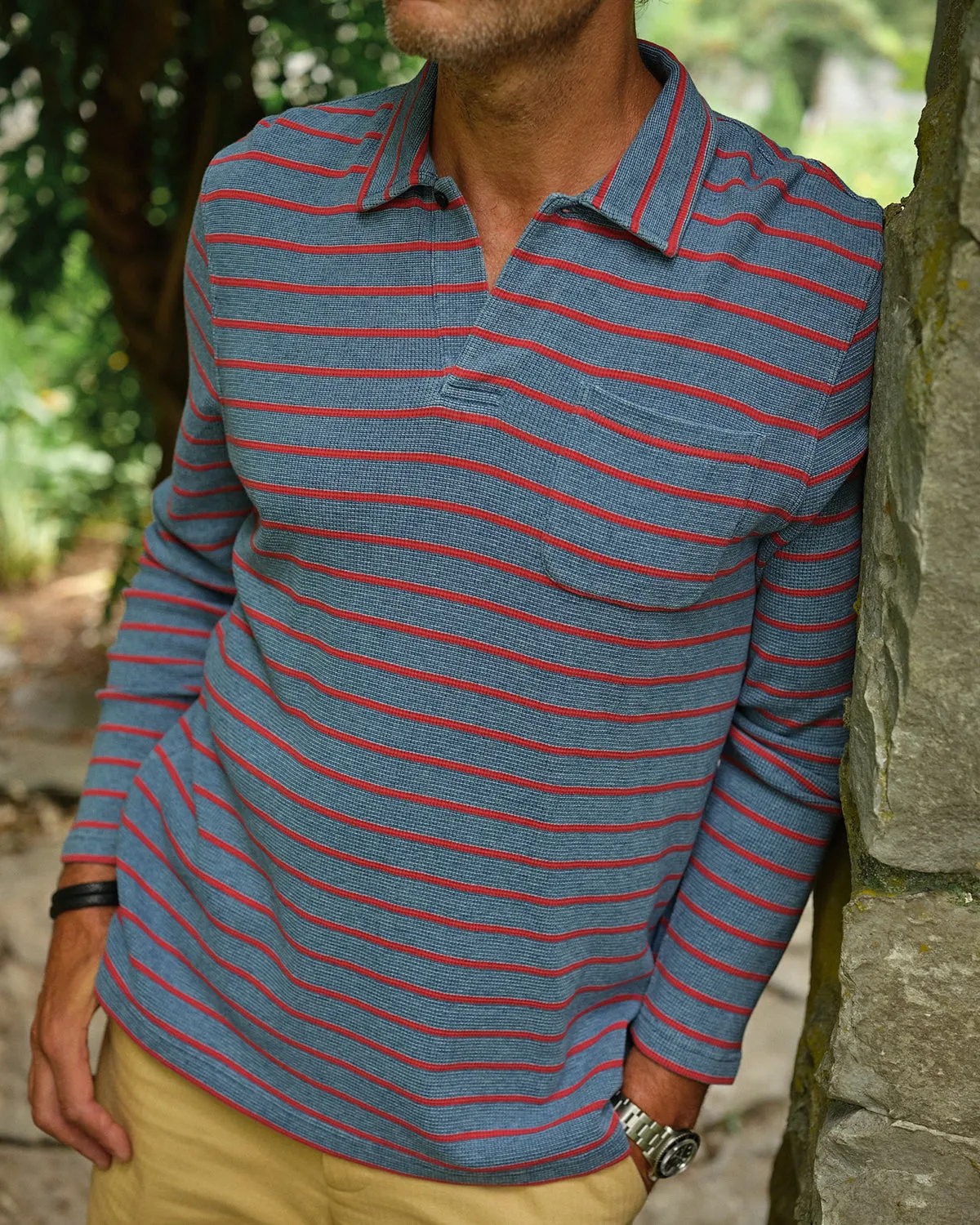Long Sleeve Indigo Polo in Red/Navy Ribbed Knit travel vibe