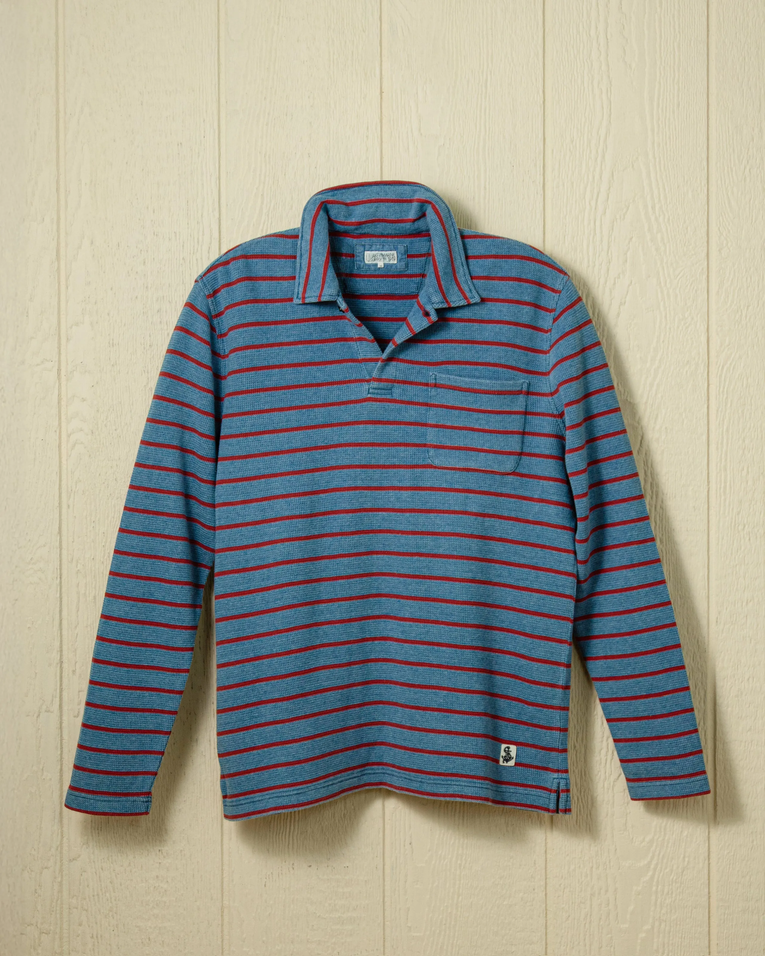 Long Sleeve Indigo Polo in Red/Navy Ribbed Knit air touch