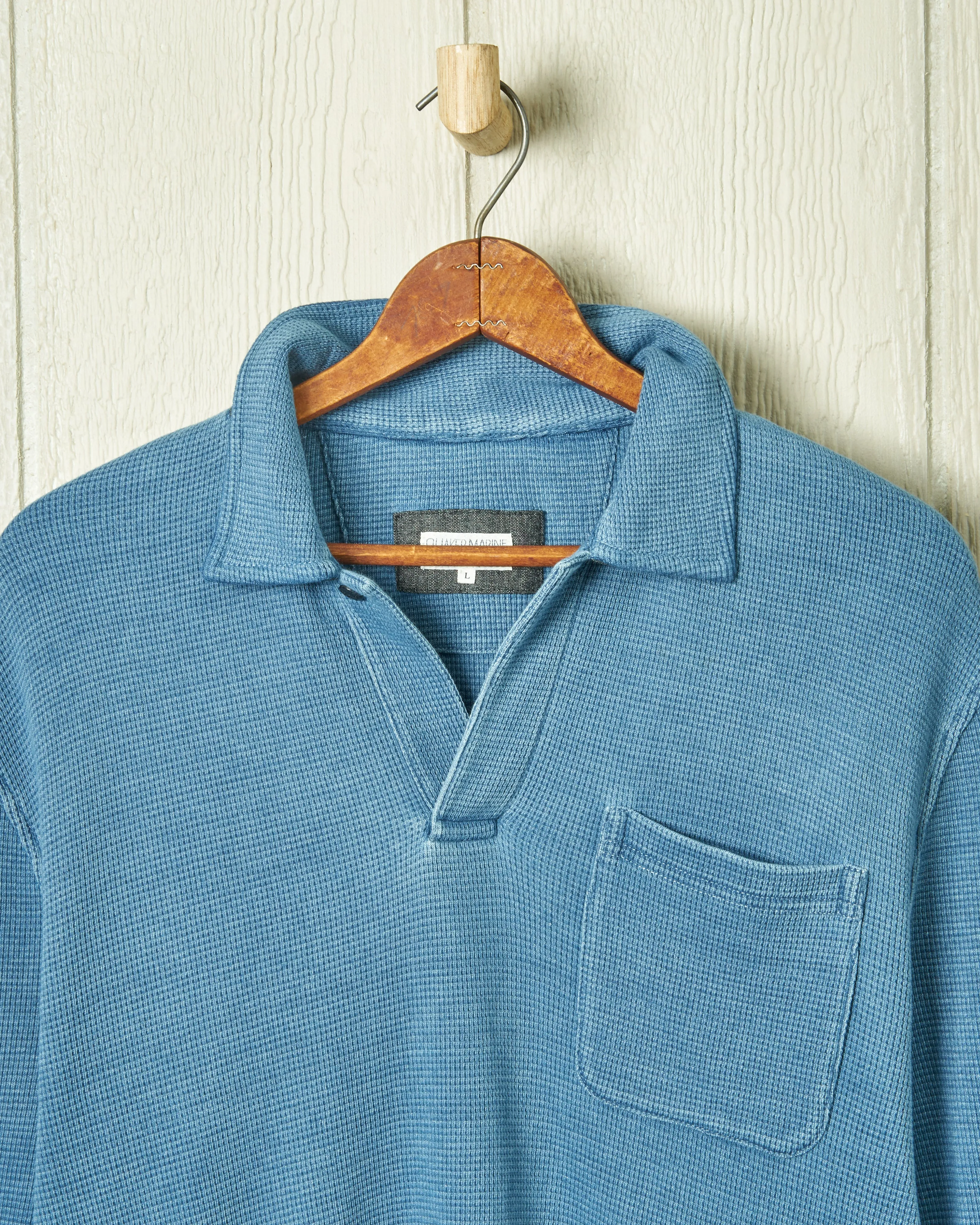 Long Sleeve Indigo Polo in Solid Waffle Knit refined edge