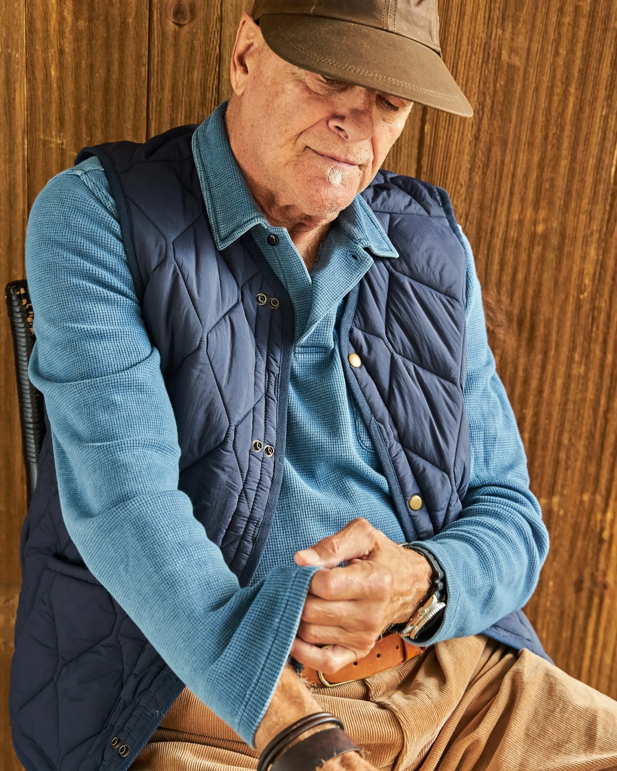 Long Sleeve Indigo Polo in Solid Waffle Knit street edge