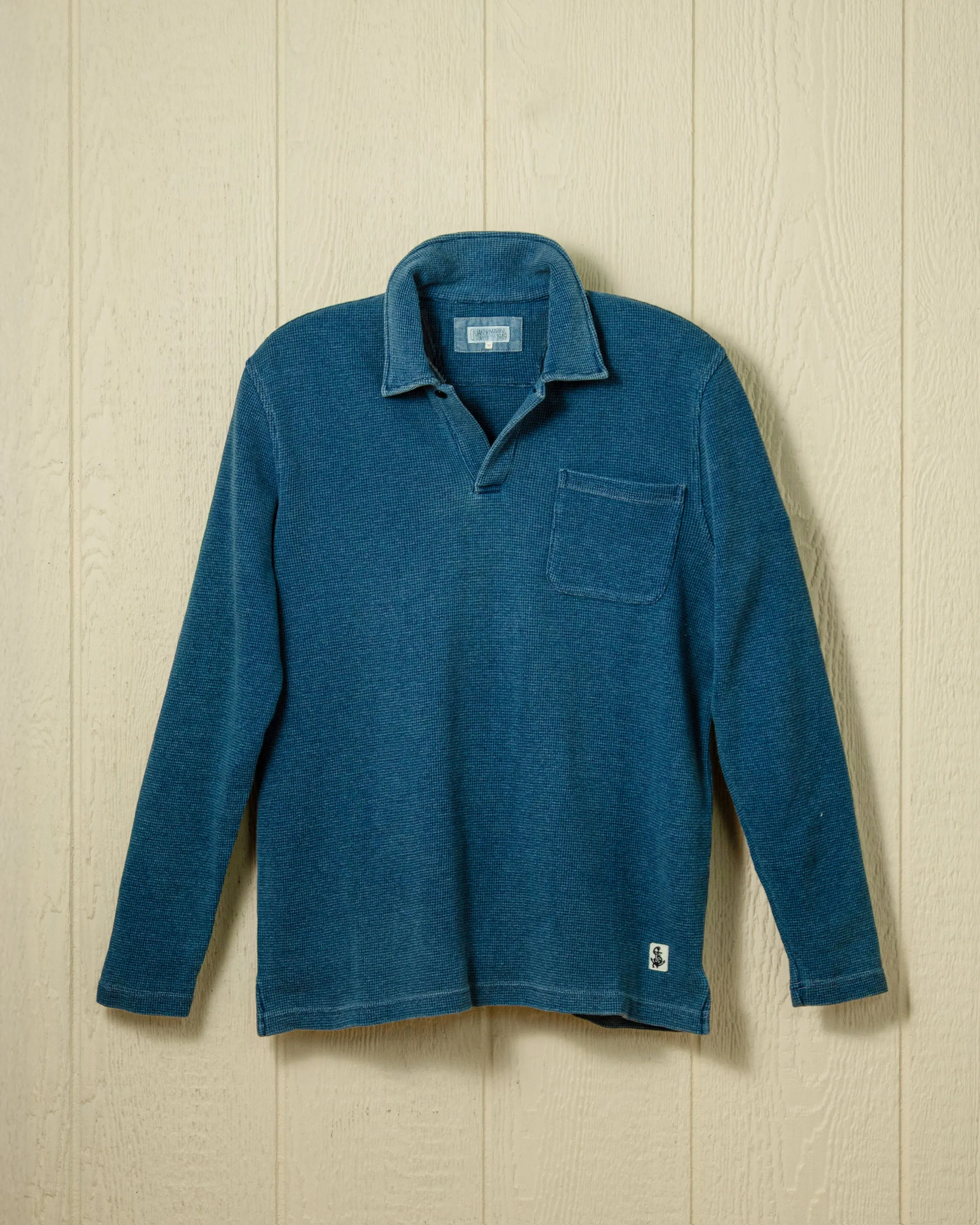 Long Sleeve Indigo Polo in Solid Waffle Knit leisure vibe