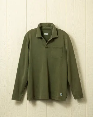 Long Sleeve Salt Washed Polo in Moss leisure look