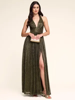 Metallic Crinkle Knit Crossover Gown wedding guest