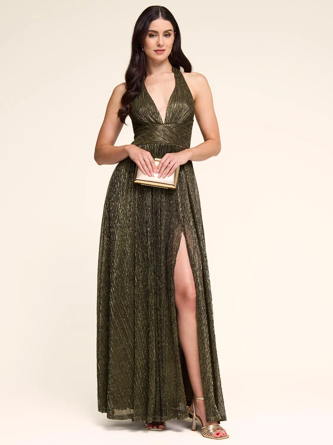 Metallic Crinkle Knit Crossover Gown wedding guest