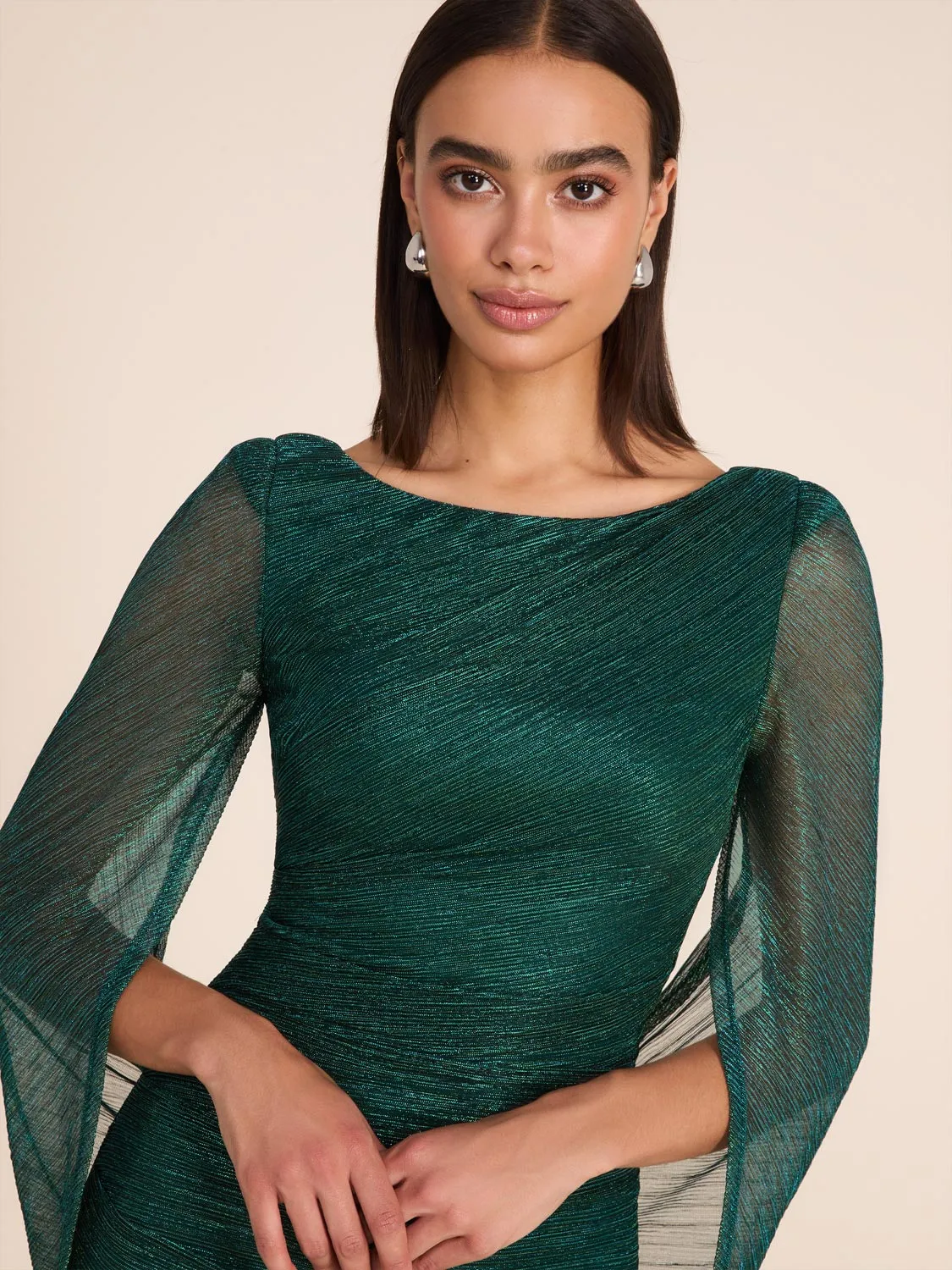 Metallic Crinkle Knit Gown With Back Cape celebrity look