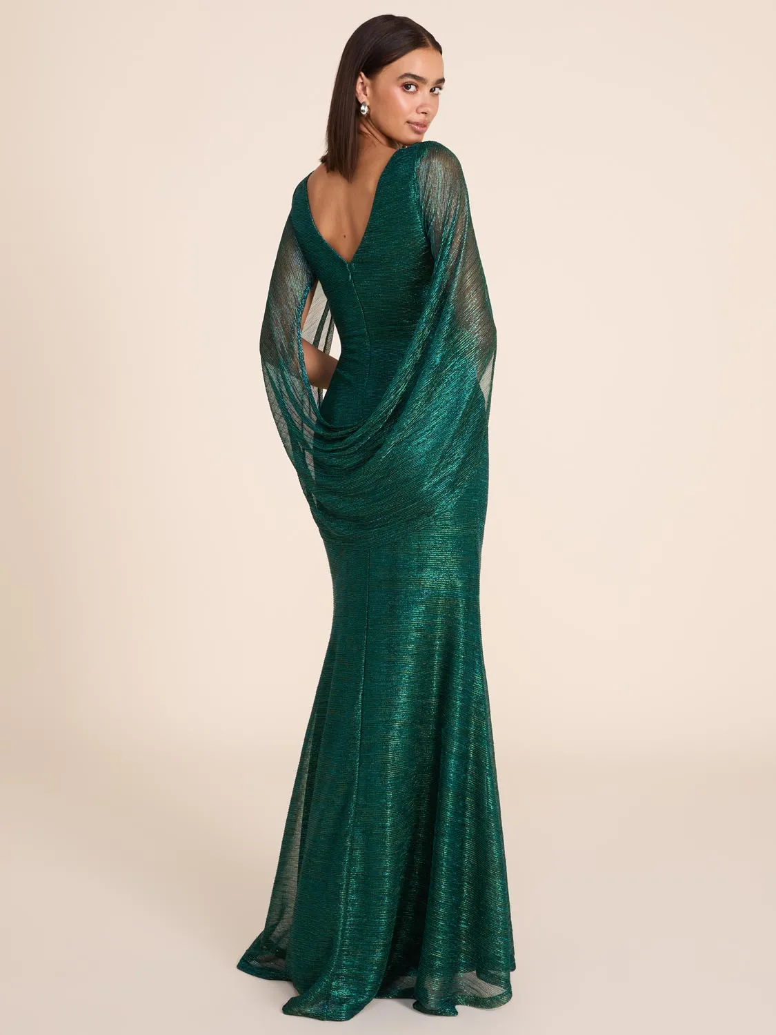 Metallic Crinkle Knit Gown With Back Cape slimming effect