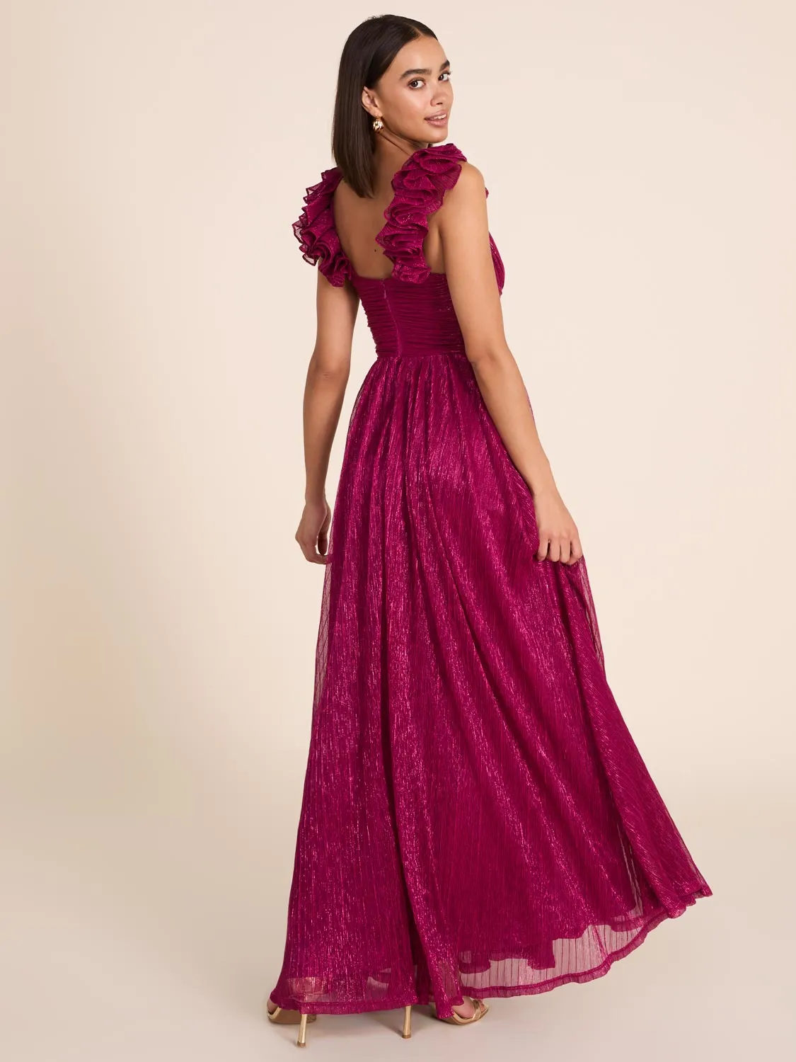 Metallic Crinkle Knit Gown With Rosettes bohemian chic