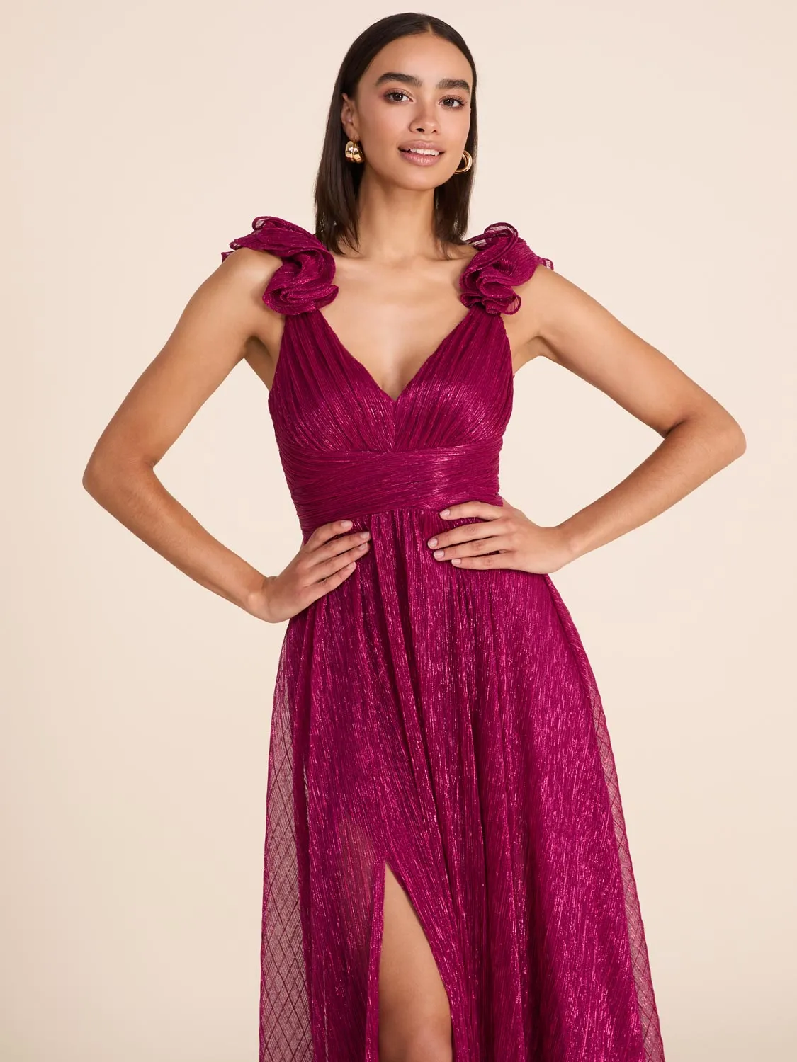 Metallic Crinkle Knit Gown With Rosettes aesthetic design
