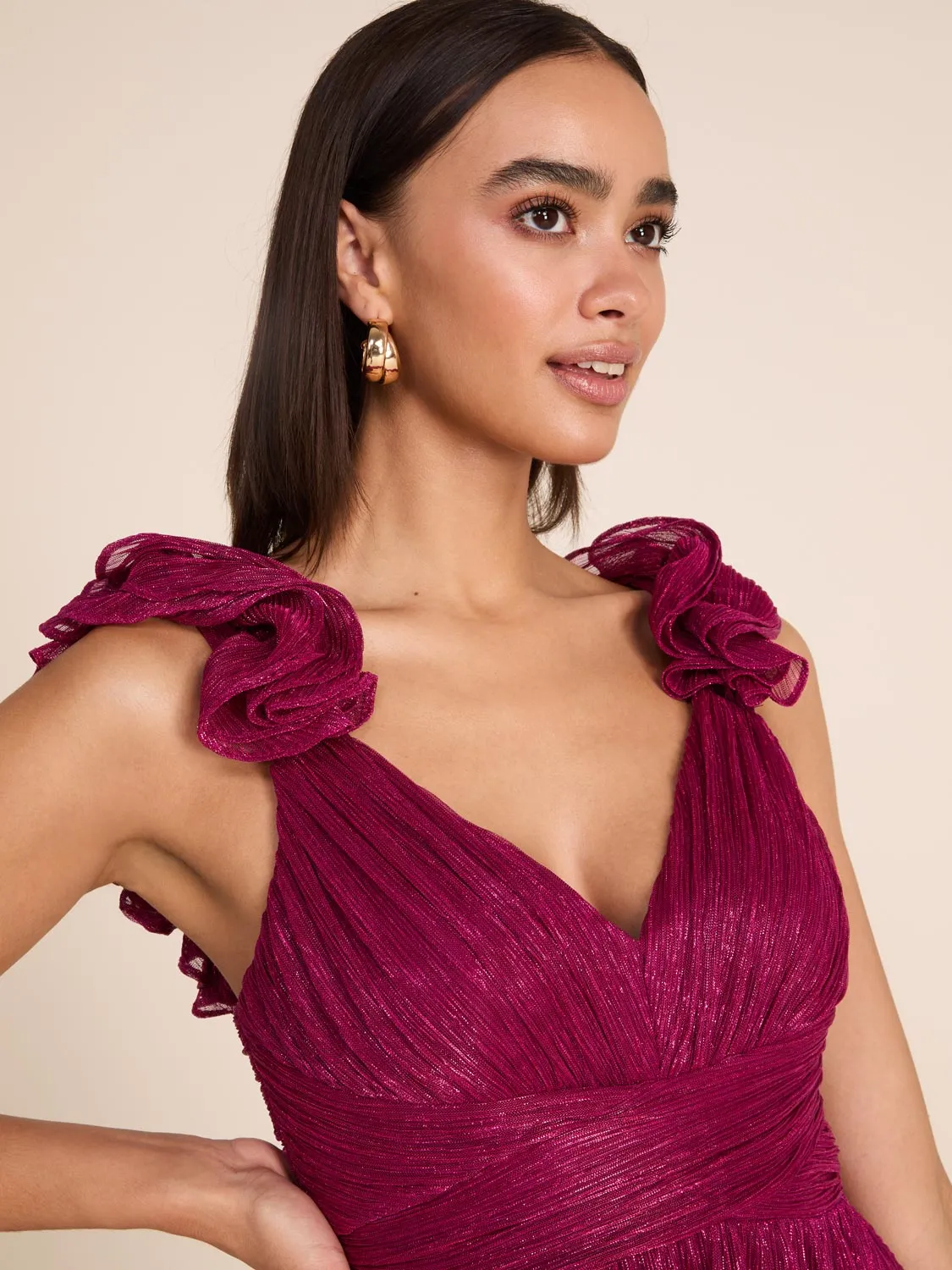 Metallic Crinkle Knit Gown With Rosettes fresh natural
