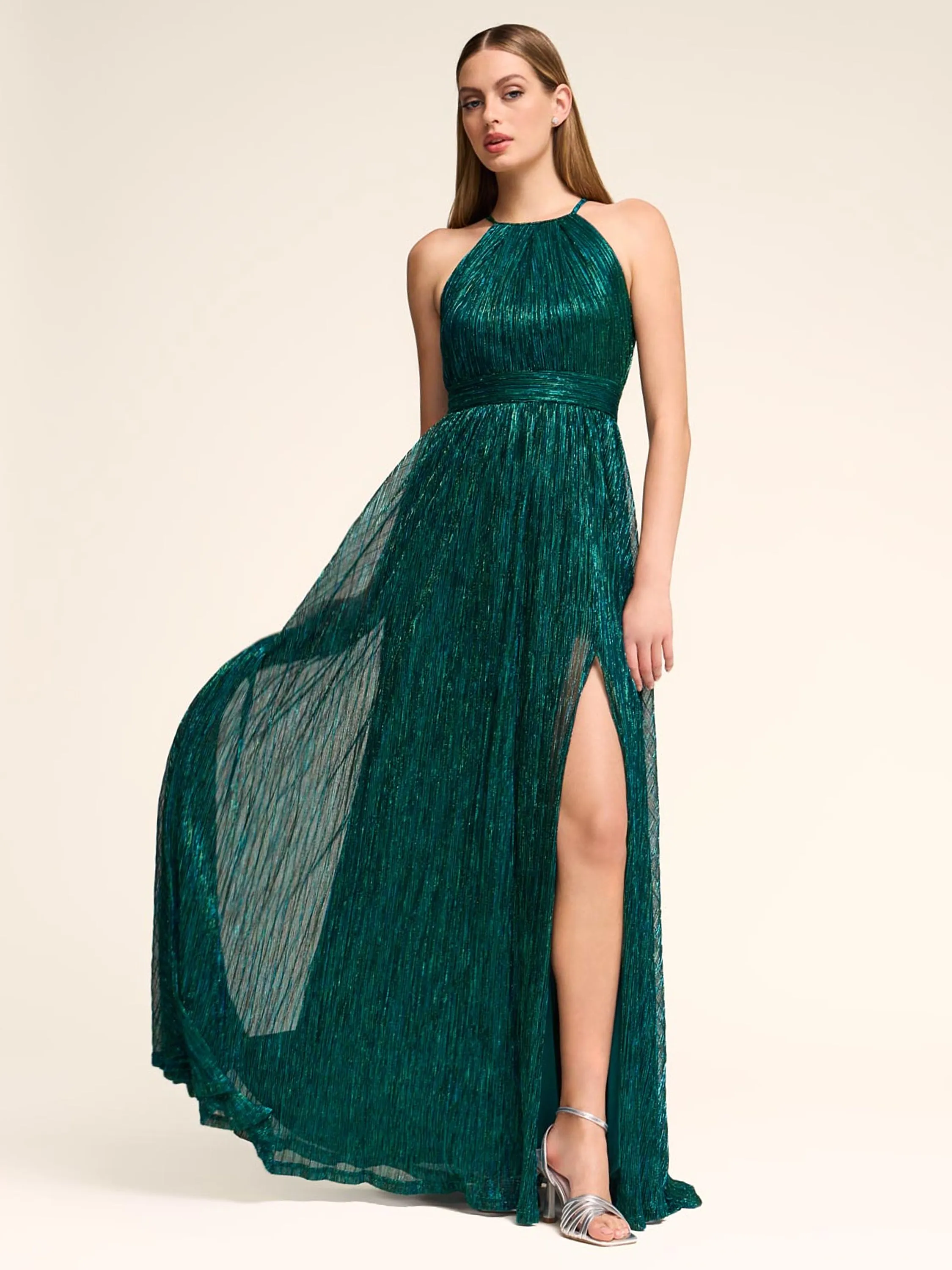 Metallic Crinkle Knit Halter Neck Gown versatile outfit