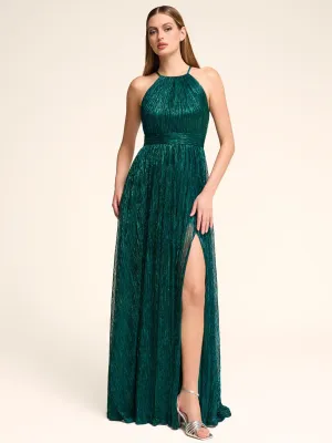Metallic Crinkle Knit Halter Neck Gown loose comfort