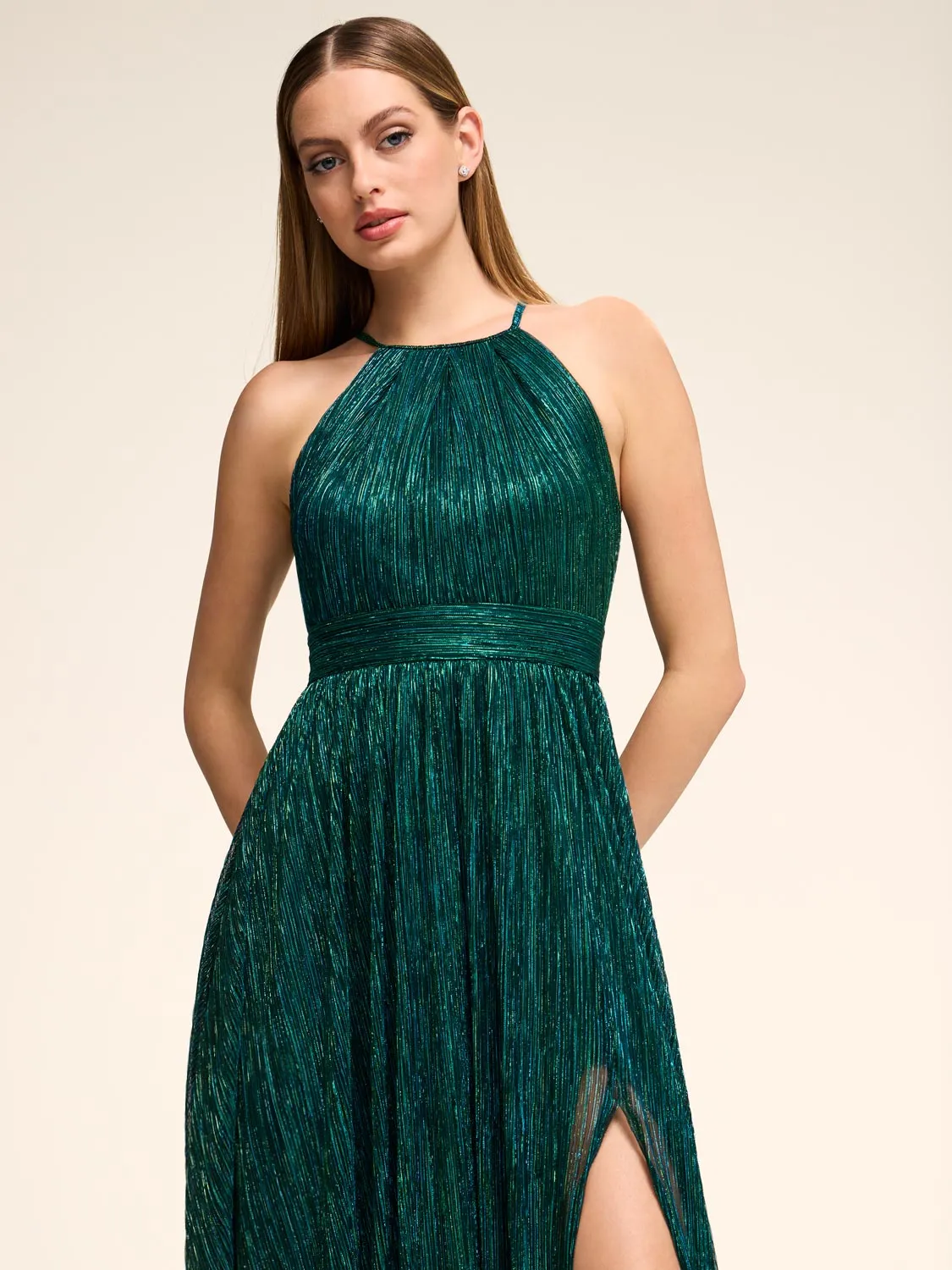 Metallic Crinkle Knit Halter Neck Gown youthful energy