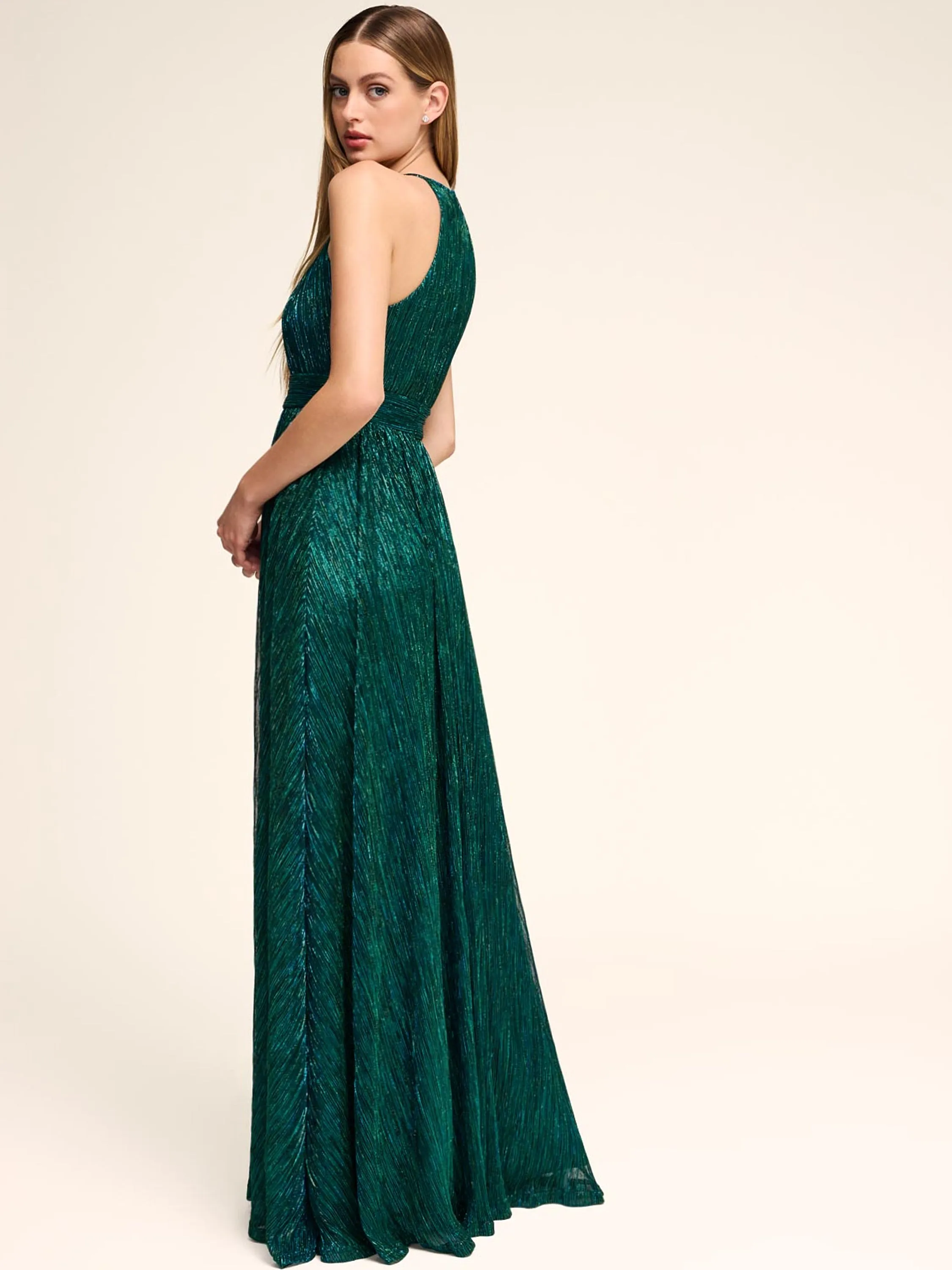 Metallic Crinkle Knit Halter Neck Gown flowing hem