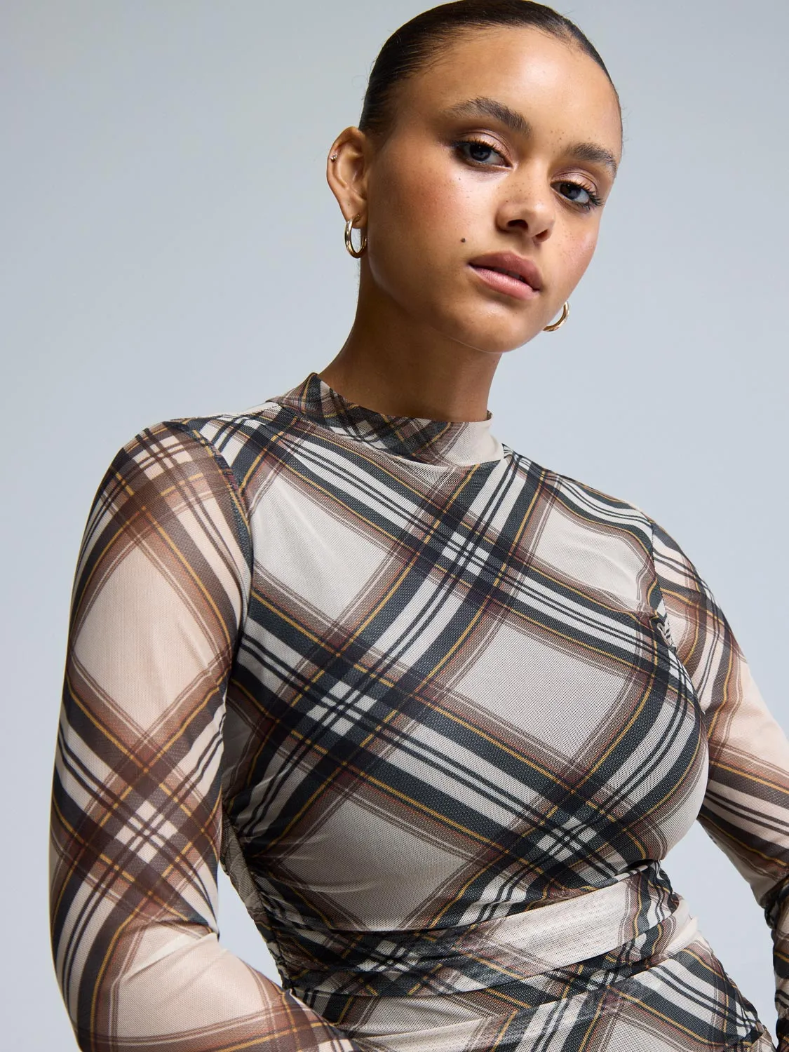 Mock Neck Plaid Midi Dress natural light