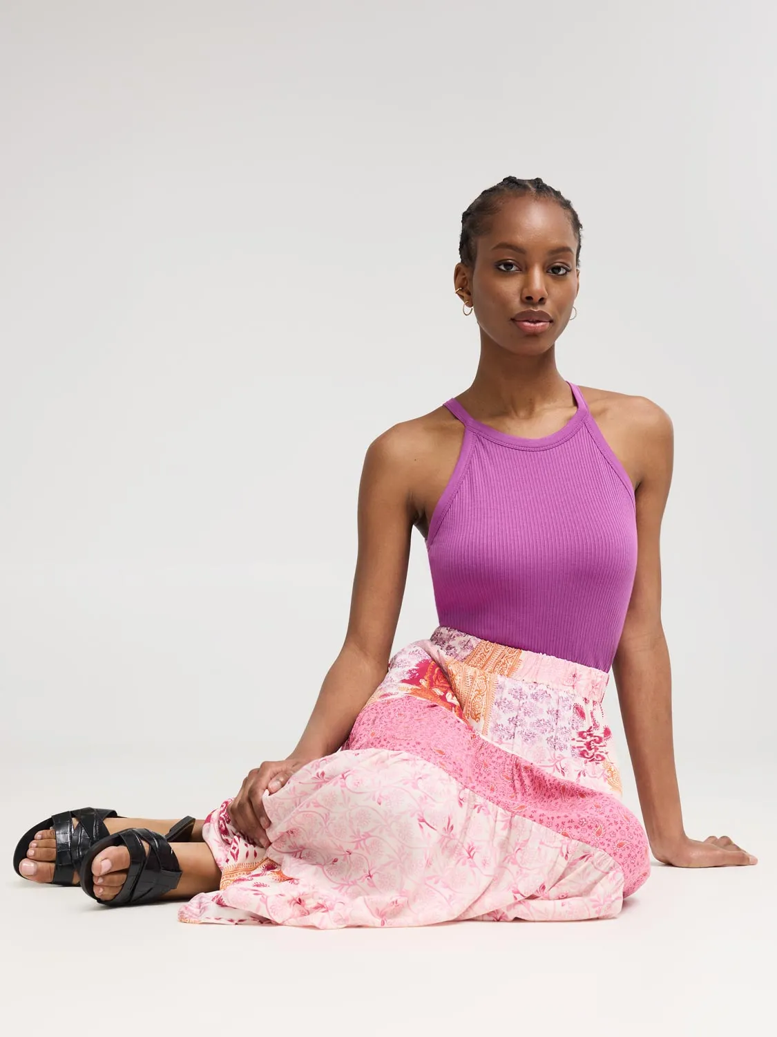 Multi Print Tiered Maxi Skirt casual versatile