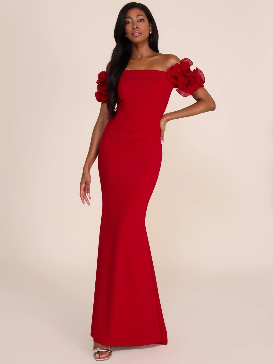 Off-The-Shoulder Gown With Chiffon Rosettes cute appeal