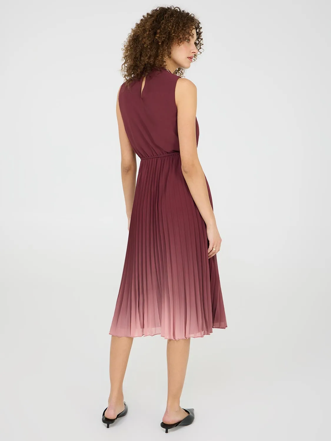 Ombre Mock Neck Pleated Midi Dress structured bodice