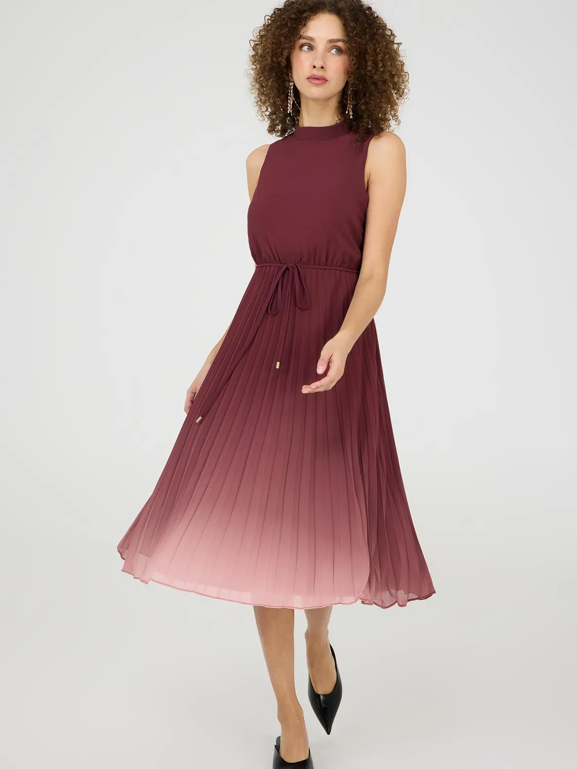 Ombre Mock Neck Pleated Midi Dress quality design