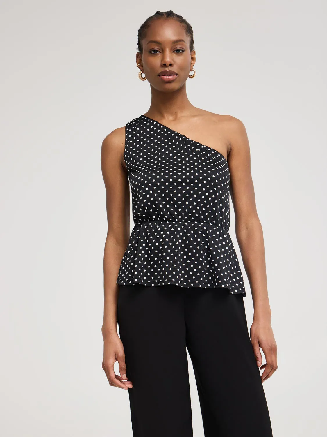 One Shoulder Dot Print Peplum Top body contouring