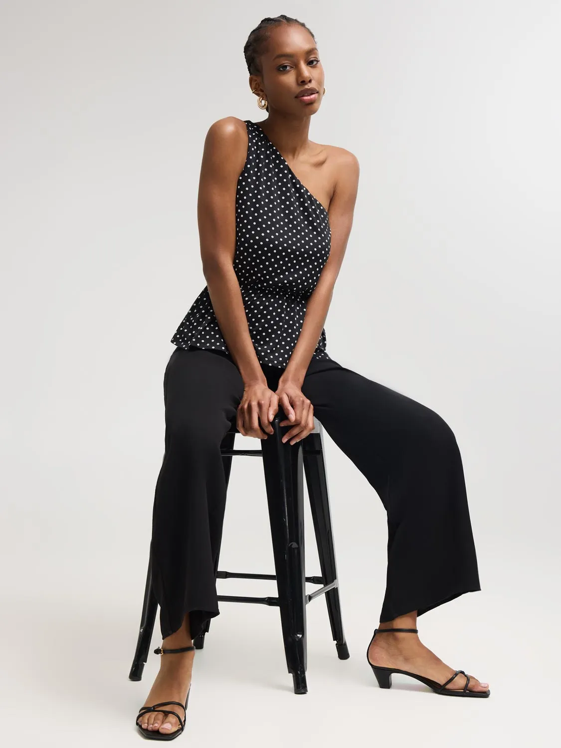 One Shoulder Dot Print Peplum Top indoor ease