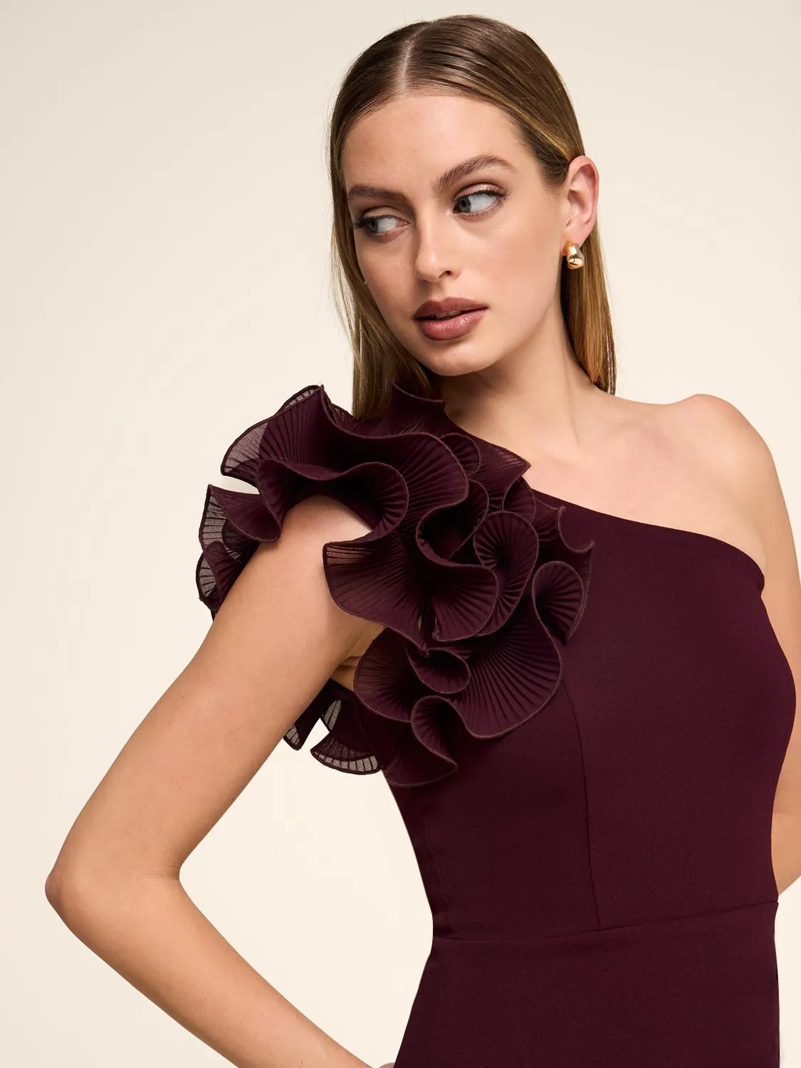 One-Shoulder Gown With Chiffon Ruffle small floral