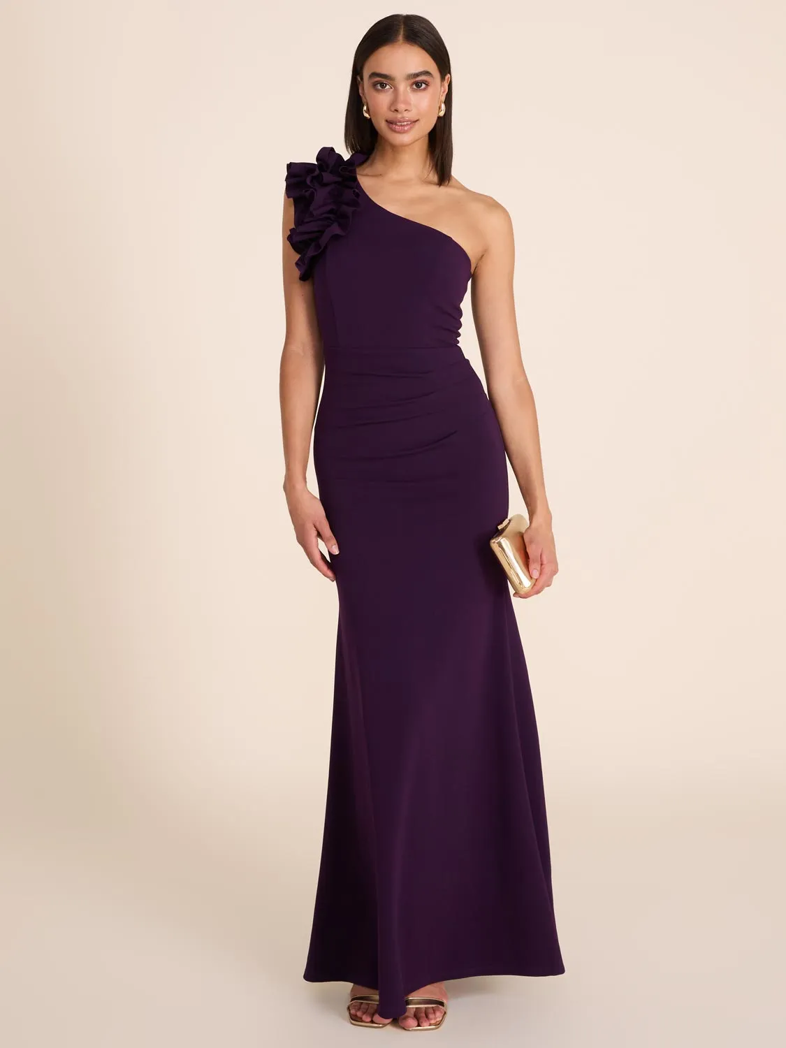One-Shoulder Gown With Rosette Detail flowing grace