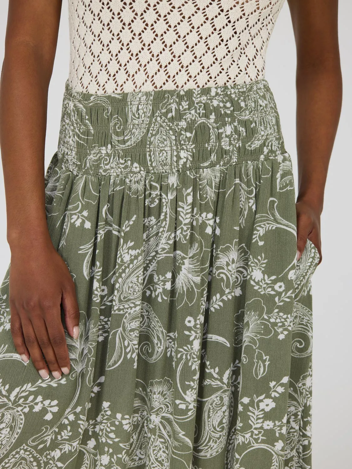 Paisley Crinkle Gauze Midi Skirt With Pockets multi-style