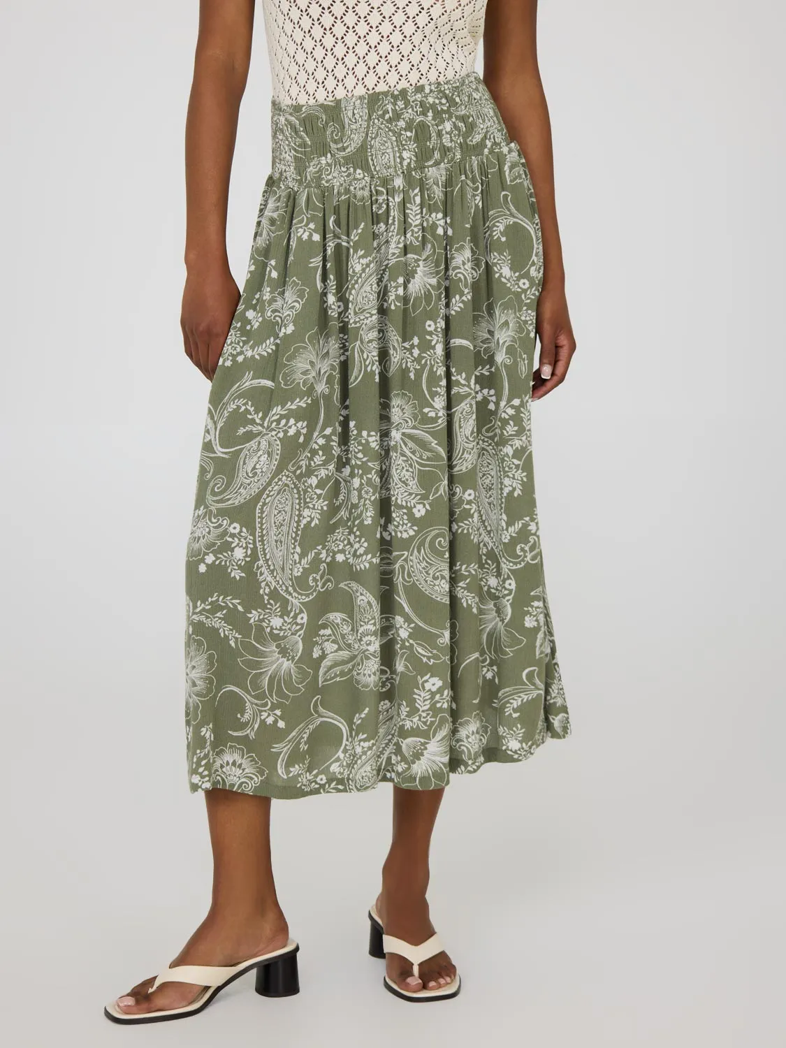 Paisley Crinkle Gauze Midi Skirt With Pockets travel light