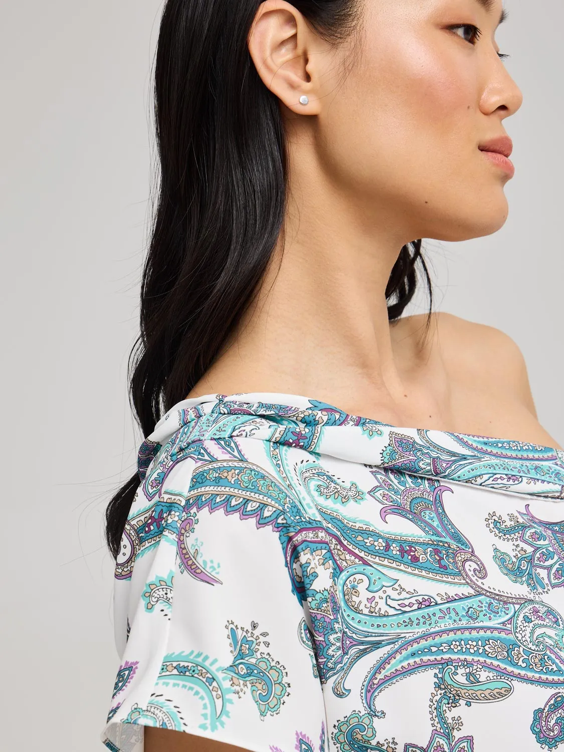 Paisley Off-Shoulder Satin Top Sport Vibes