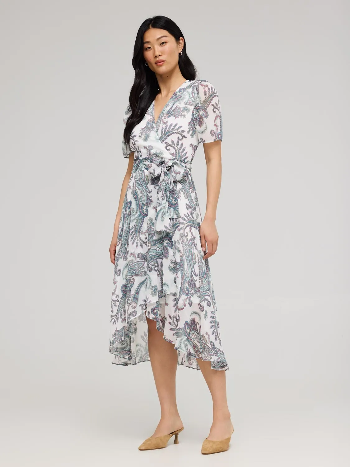 Paisley Print Cross-Front High-Low Midi Dress work etiquette