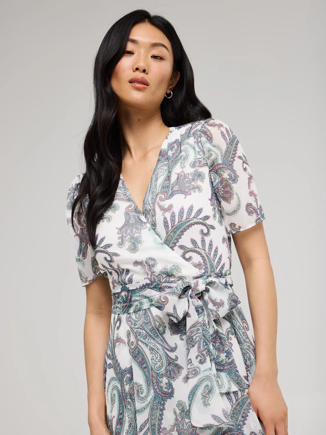 Paisley Print Cross-Front High-Low Midi Dress gentle elegance