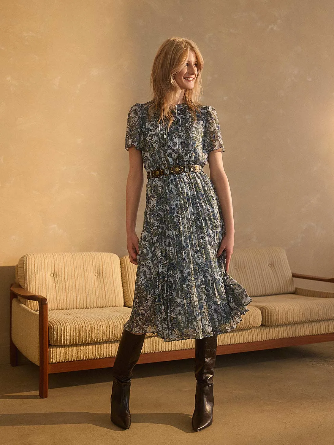 Paisley Print Pleated Chiffon Dress easy living
