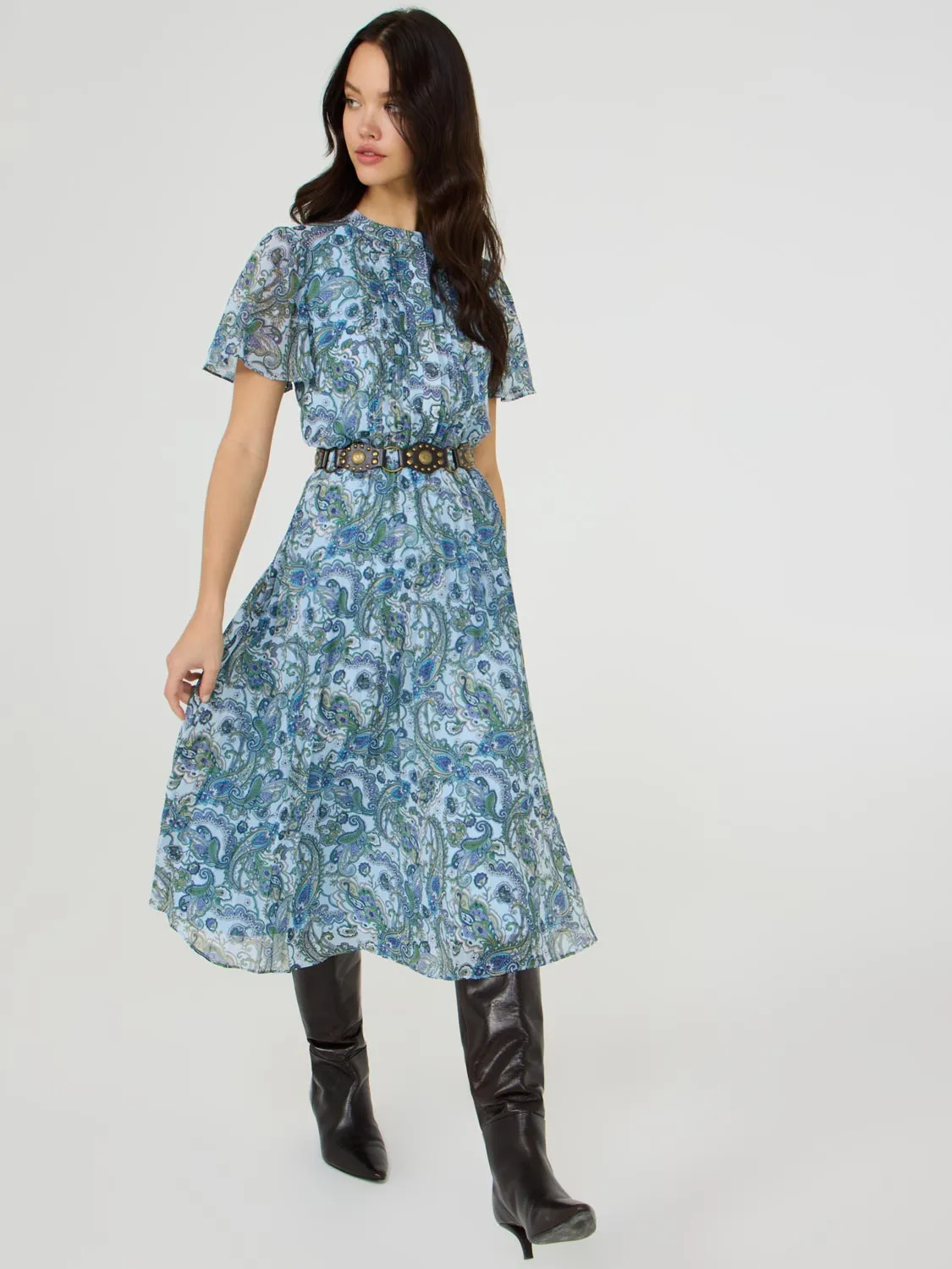 Paisley Print Pleated Chiffon Dress minimalist style