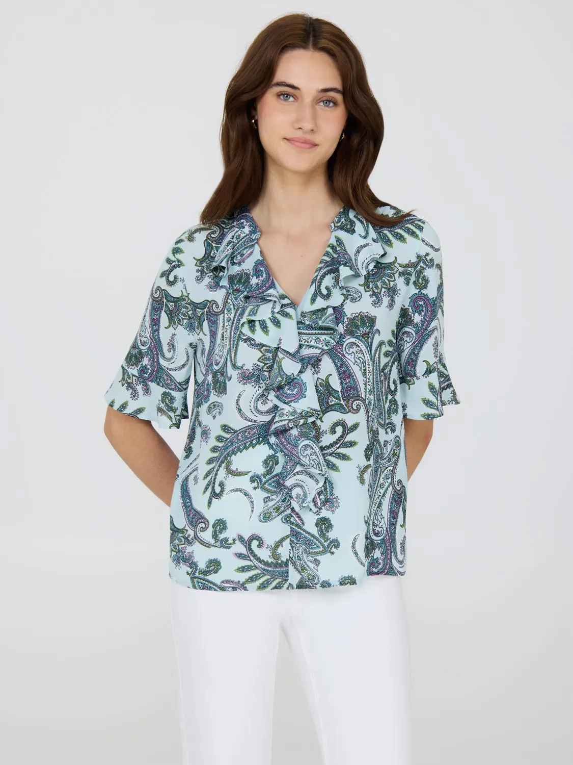 Paisley Print Split Neck Chiffon Blouse Smart Basics