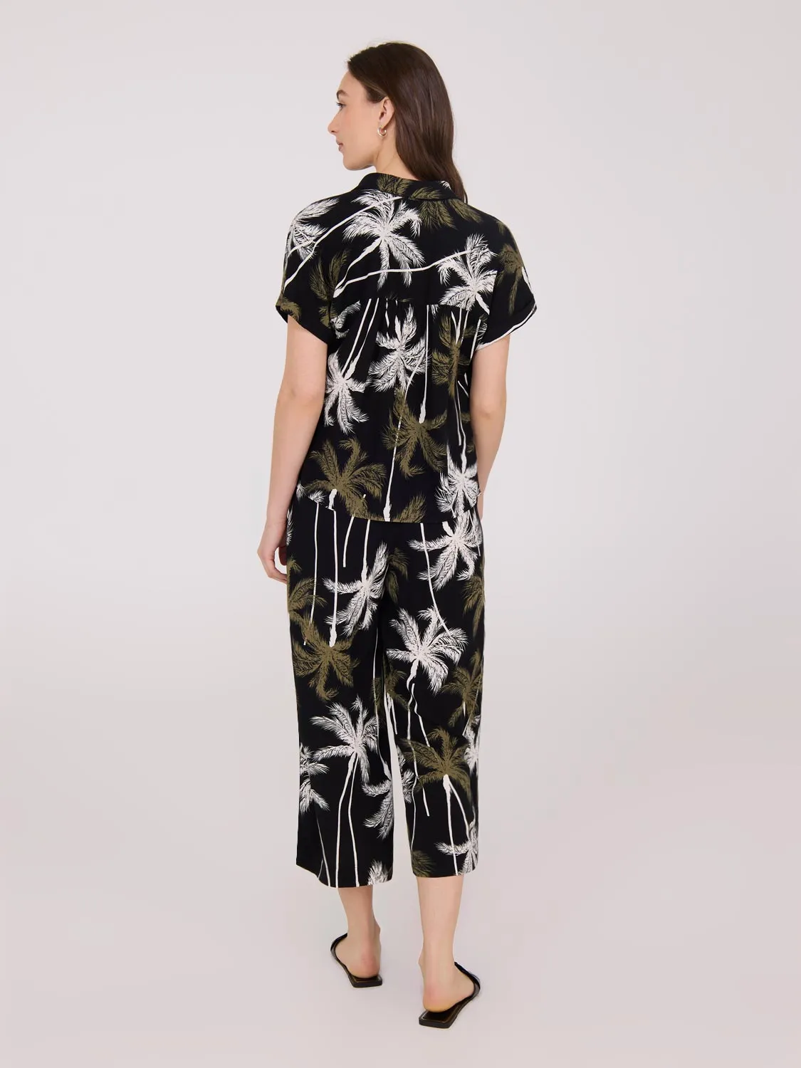 Palm Print Button-Front Bowling Shirt Anywhere Wear
