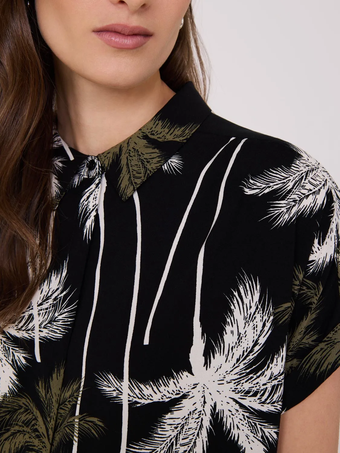 Palm Print Button-Front Bowling Shirt Timeless Feel
