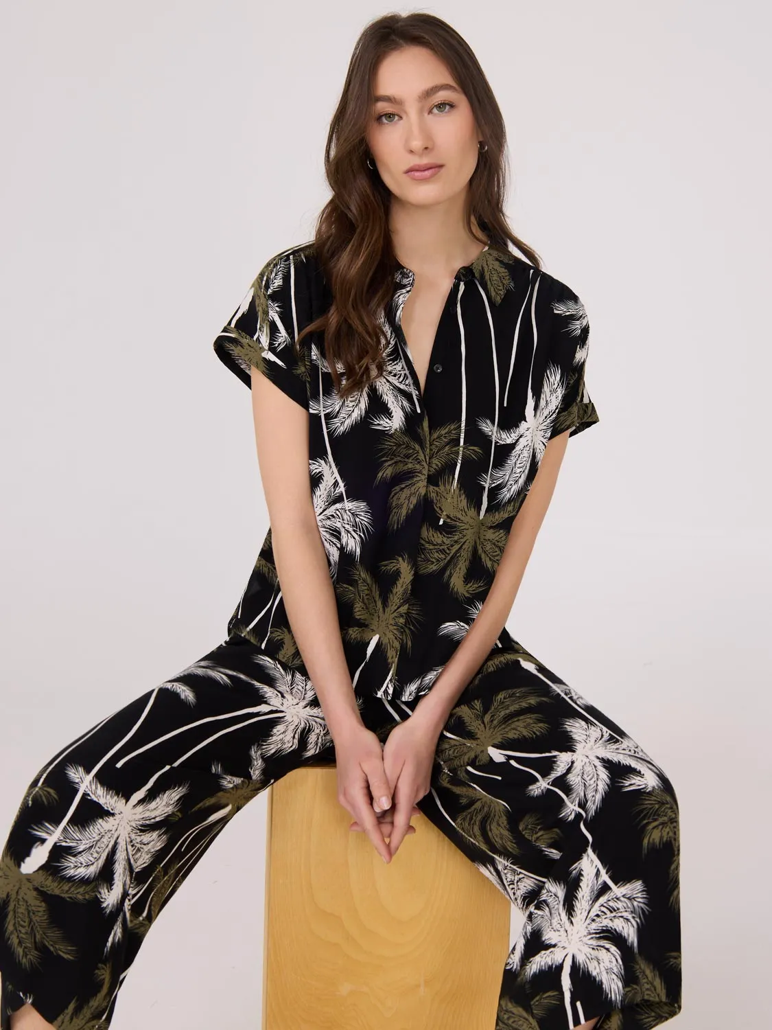 Palm Print Button-Front Bowling Shirt Style Mix