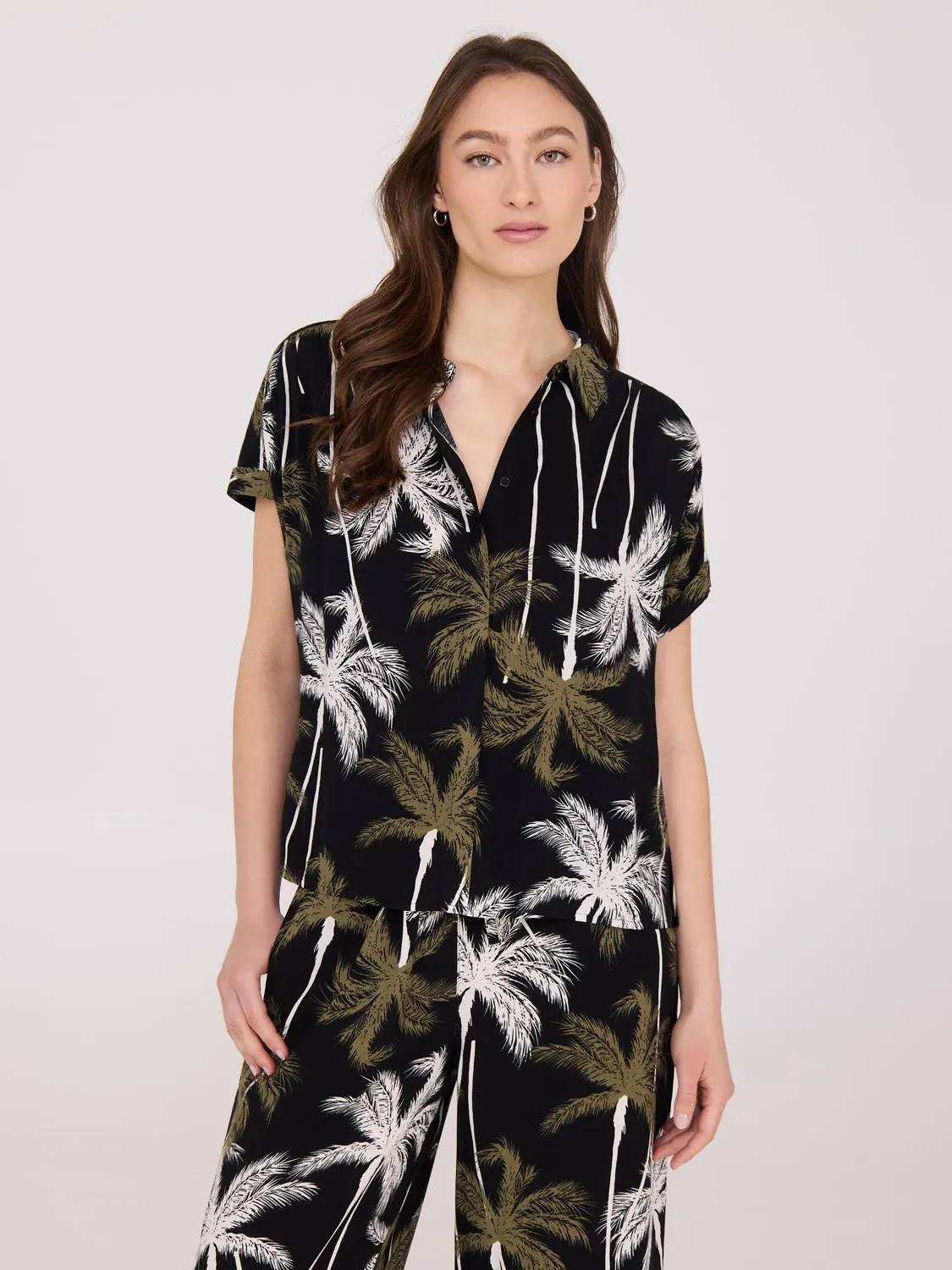 Palm Print Button-Front Bowling Shirt Style Mix