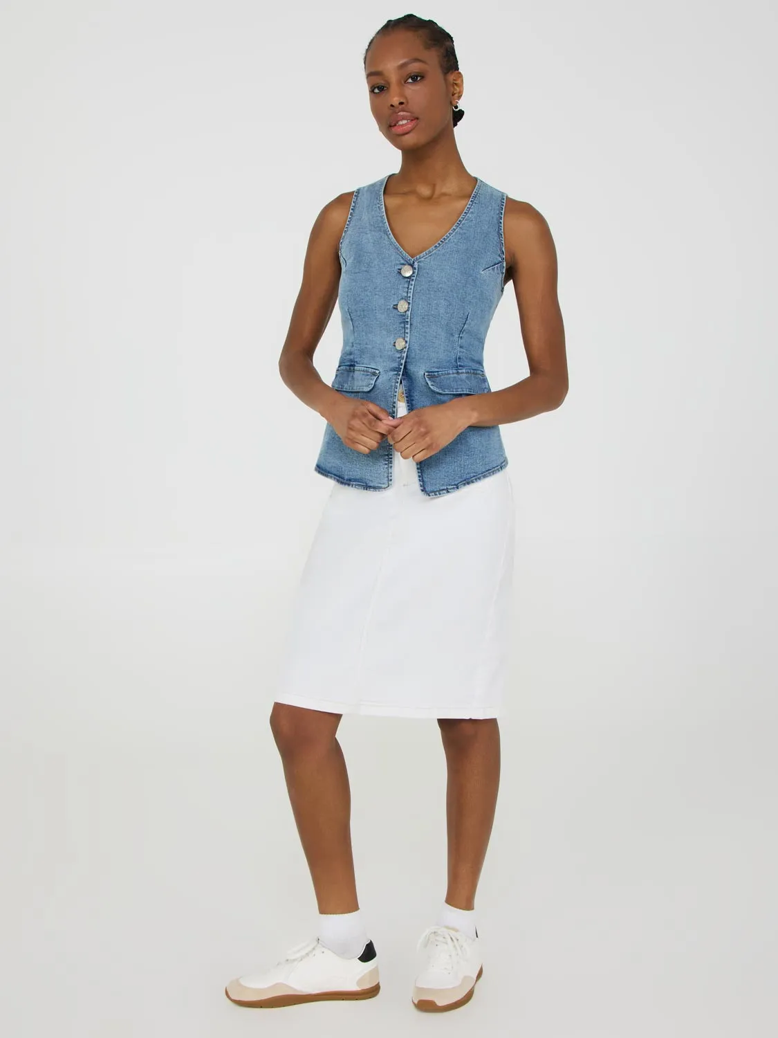 Patch Pocket Denim Pencil Skirt warm care