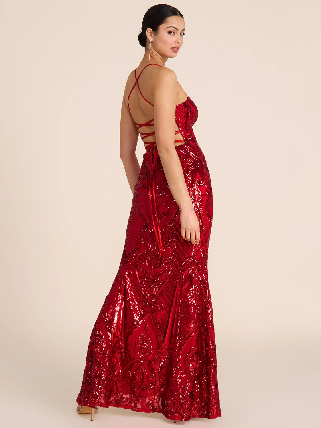 Patterned Sequin On Mesh Gown flexible match