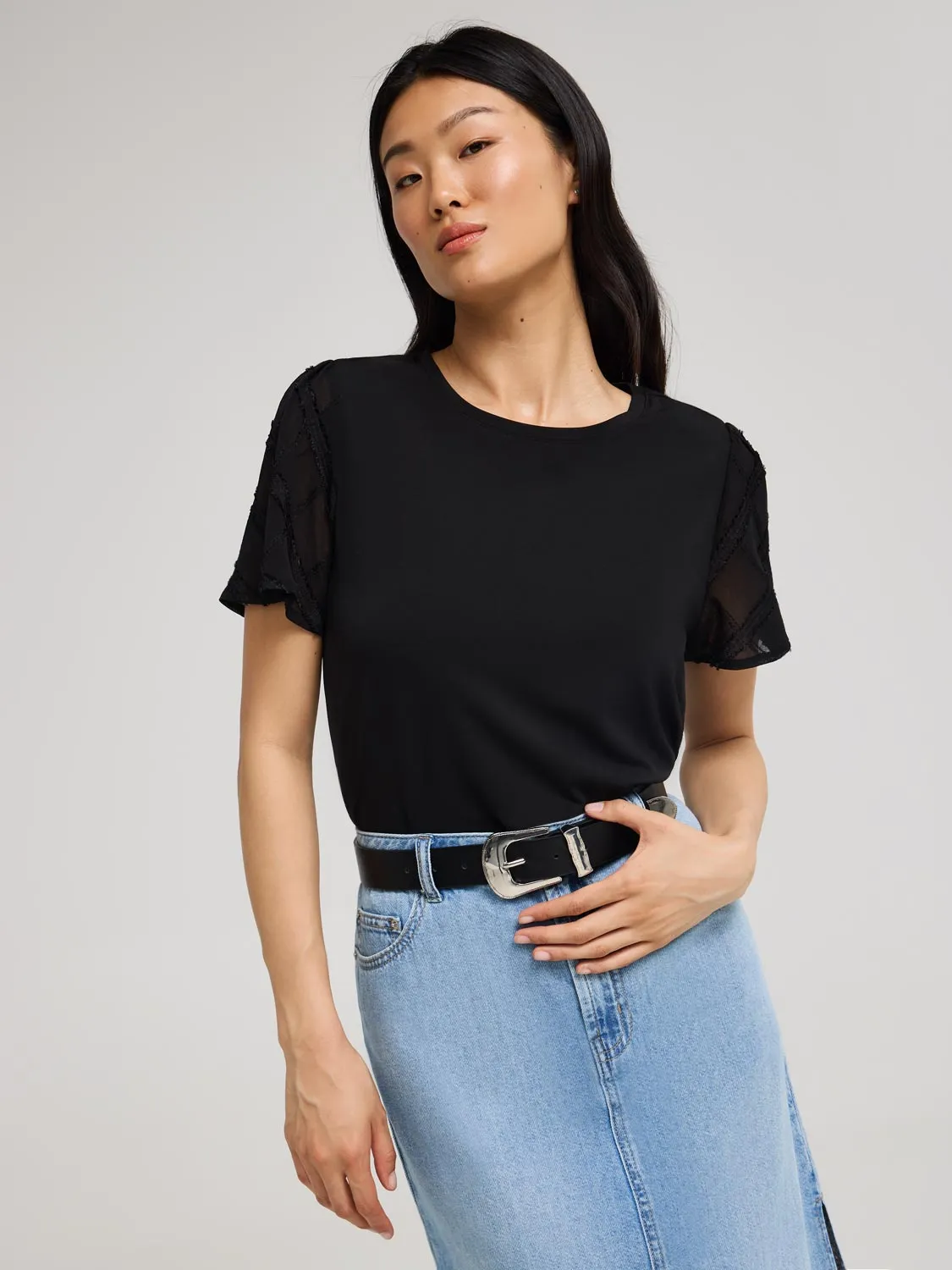 Plaid Chiffon Sleeve T-Shirt Everyday Ready