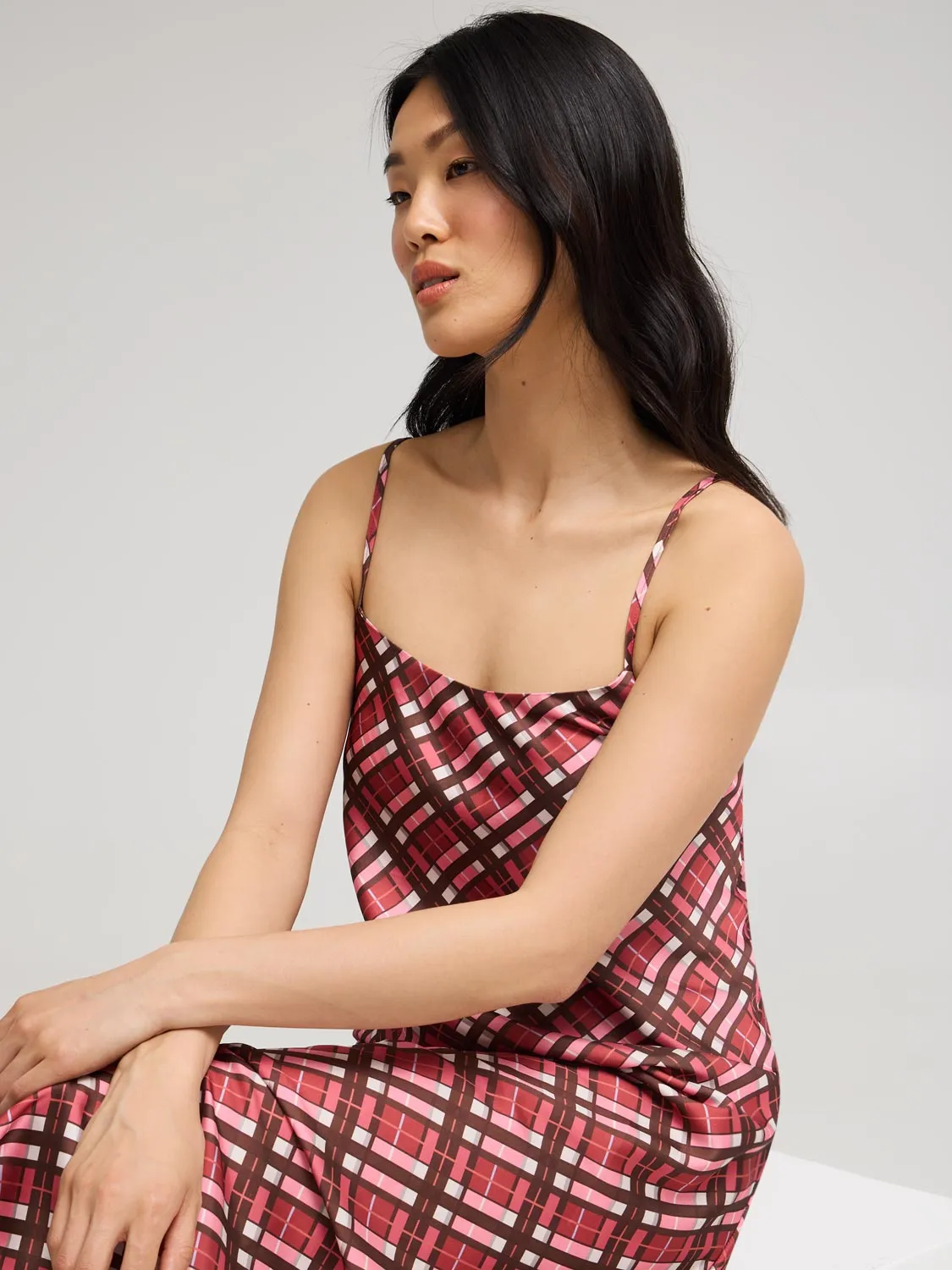 Plaid Midi Satin Slip Dress garden party