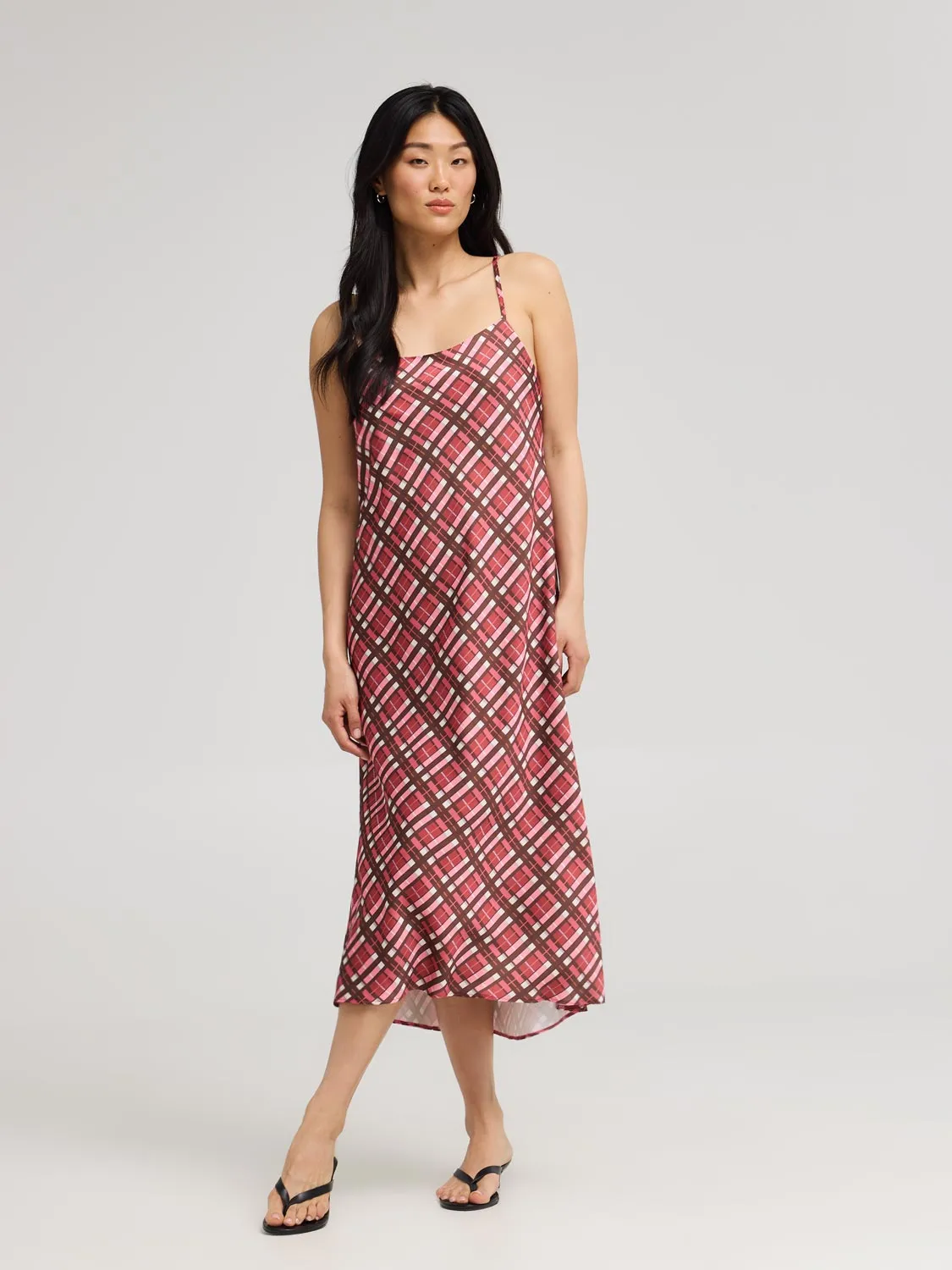 Plaid Midi Satin Slip Dress light comfy