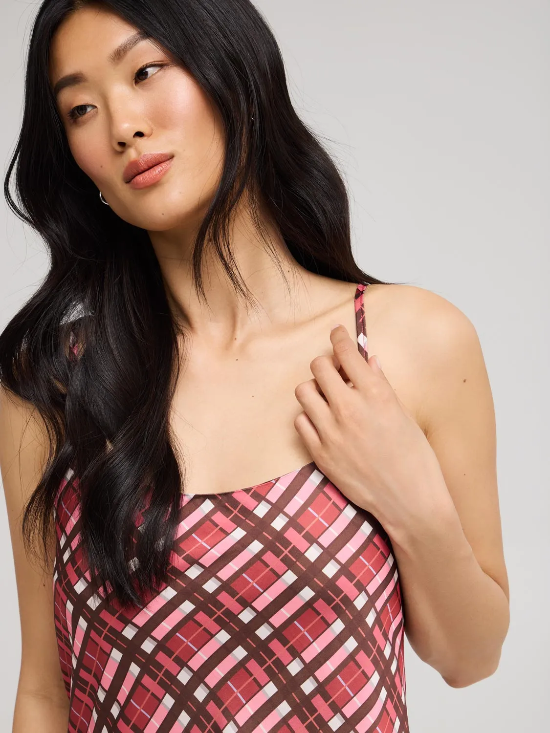 Plaid Midi Satin Slip Dress street trend