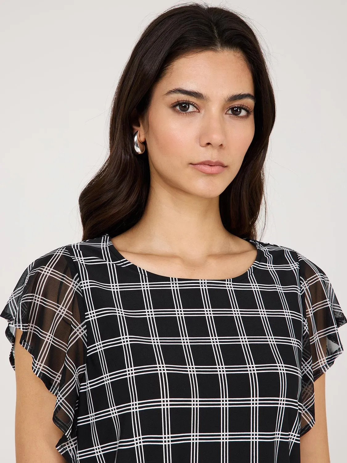 Plaid Print Mesh Flutter Sleeve Top Original Mood